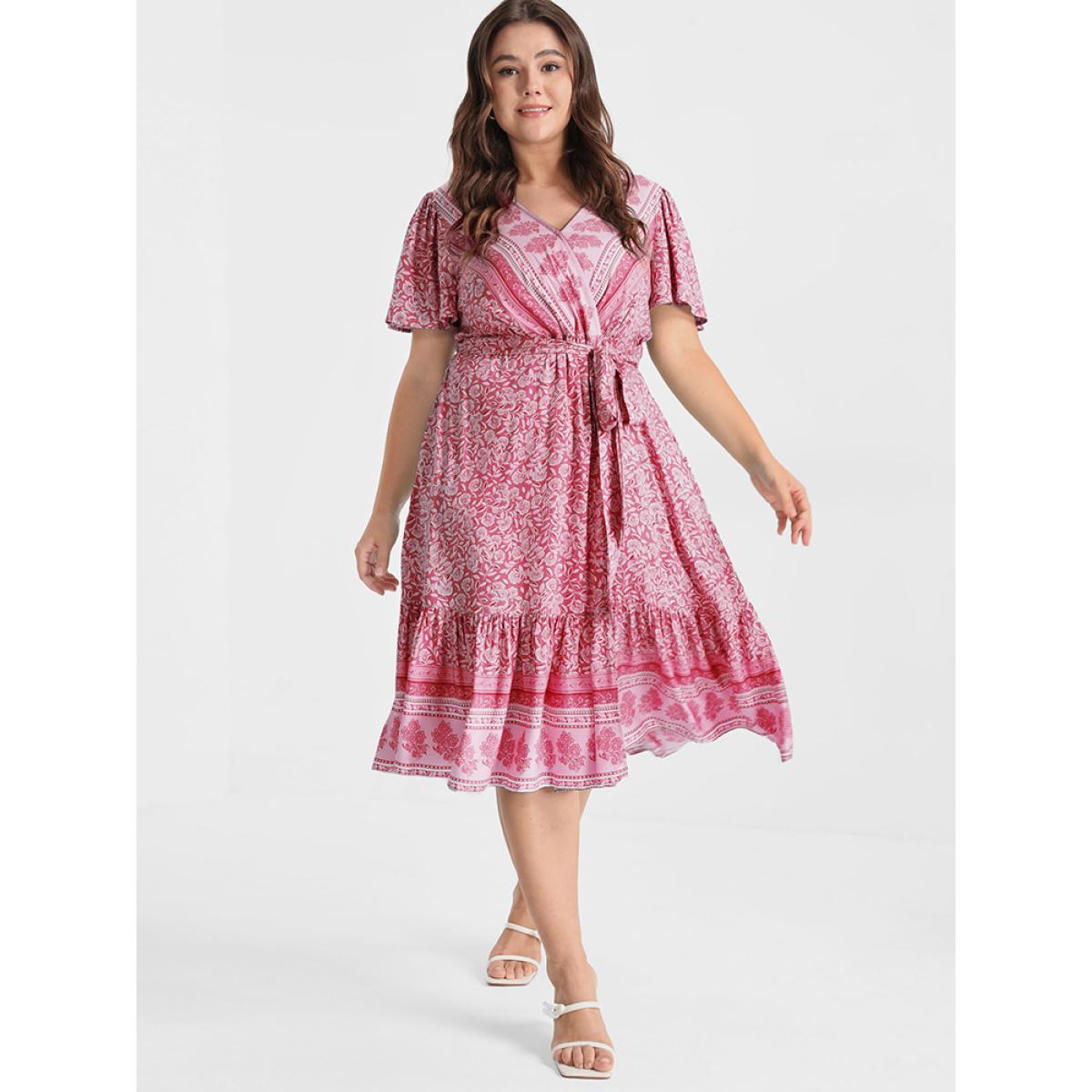 Plus Size Ditsy Floral Ruffled Knotted Wrap Dress Pink Women Elegant Ruffles V-neck Short sleeve Curvy Knee Dress BloomChic 22-24/3X Product Image