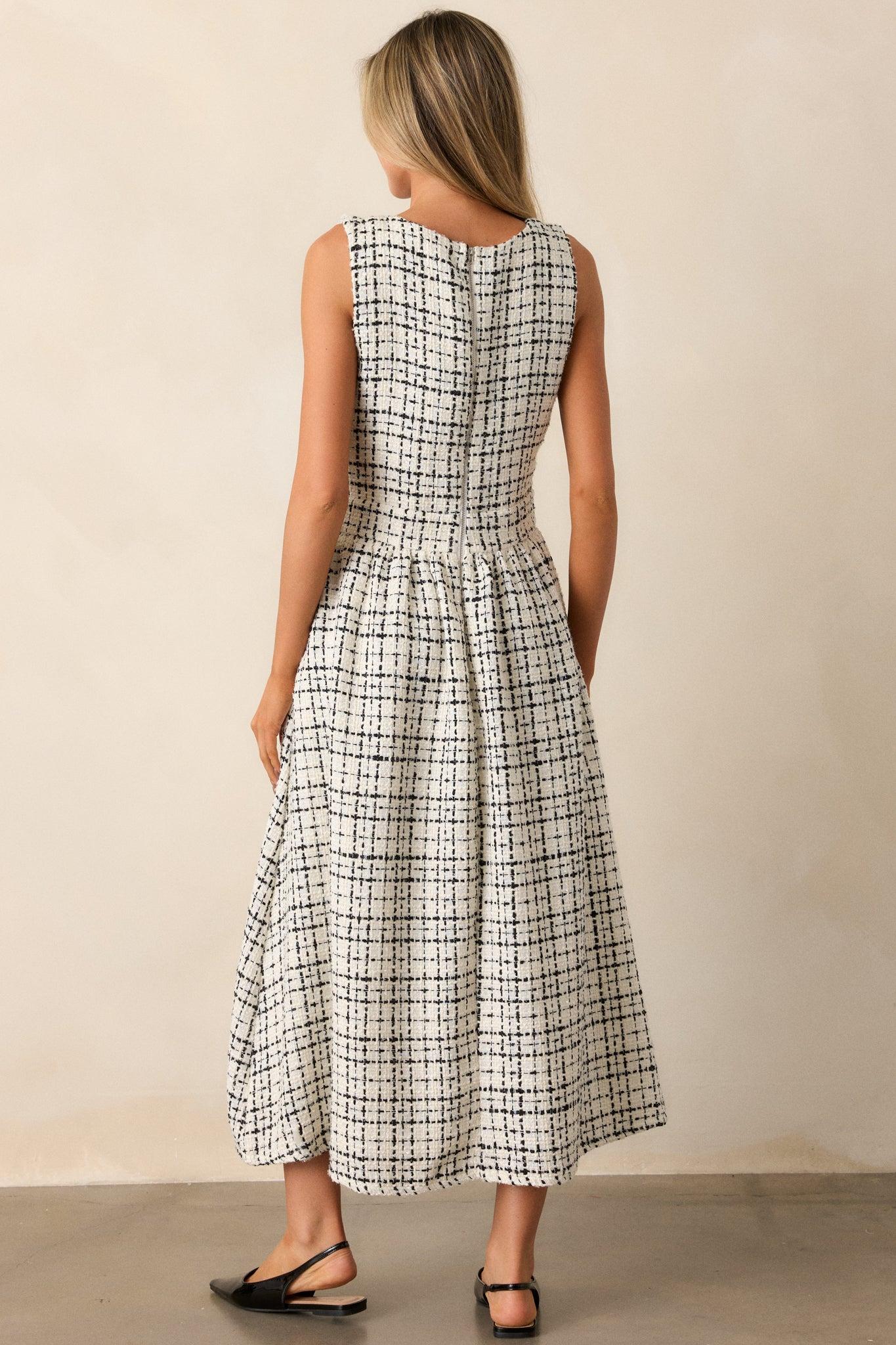 Runaway Hearts White & Black Tweed Midi Dress Product Image