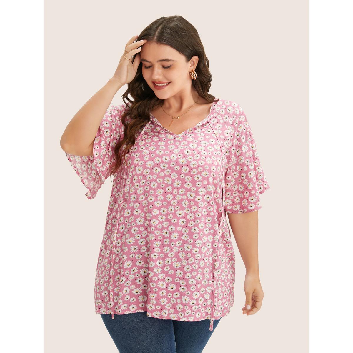 Plus Size Pink Ditsy Floral Ruffle Sleeve Tie Neck Blouse Women Elegant Short sleeve V-neck Everyday Blouses BloomChic 26/4X Product Image