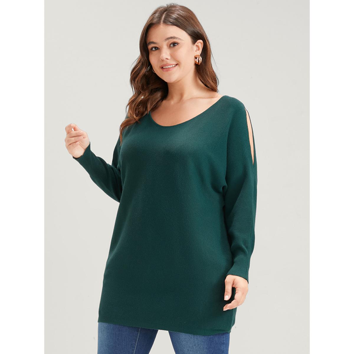Plus Size Solid Soft Sexy Yarn Knit Dolman Sleeve Cold Shoulder Knit Top Cyan Women Elegant Loose Long Sleeve Scoop Neck Dailywear Pullovers BloomChic 18-20/2X Product Image
