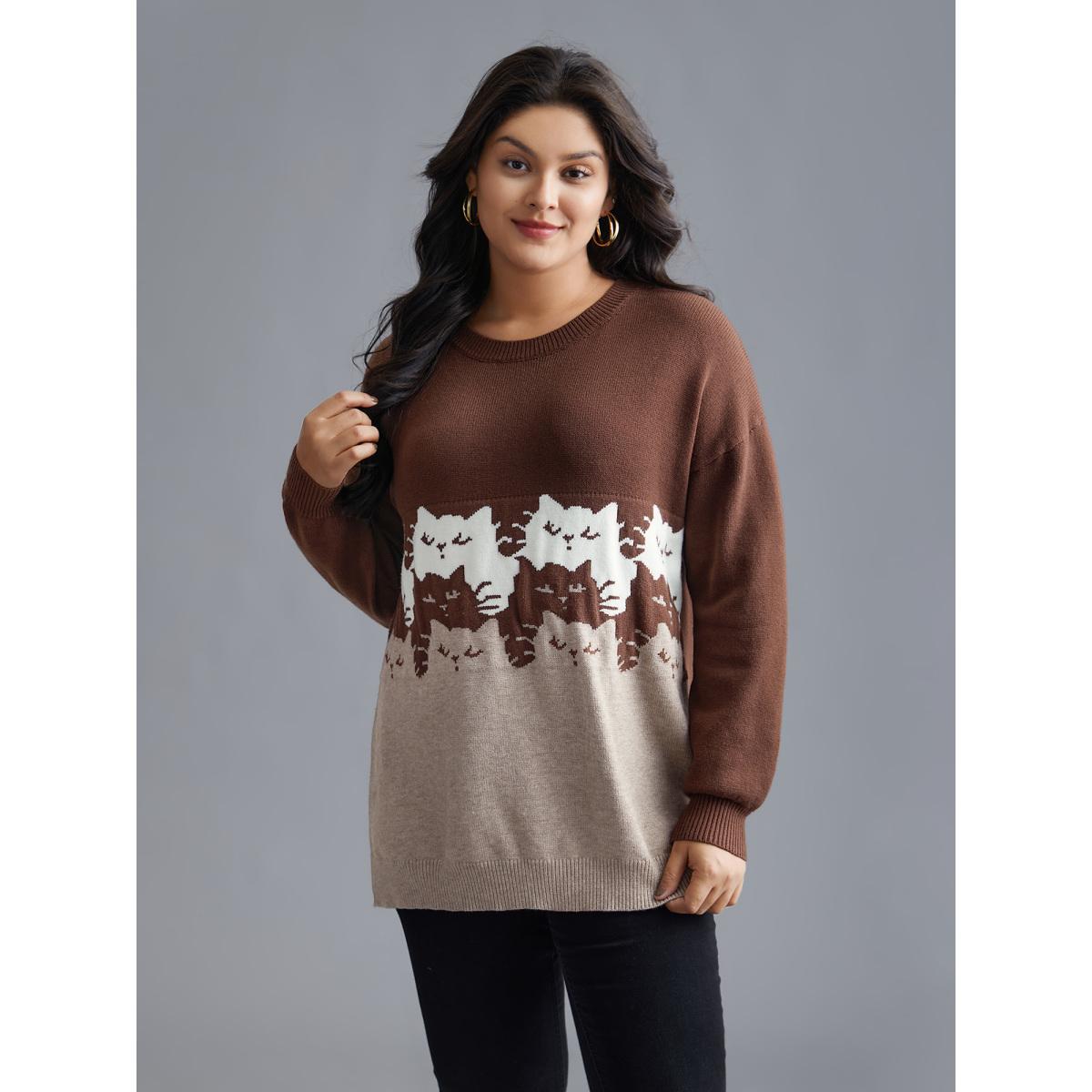 Plus Size Cat Contrast Drop Shoulder Pullover Browncoffeecolor Women Playful Loose Long Sleeve Round Neck Casual Pullovers BloomChic 30/6X Product Image