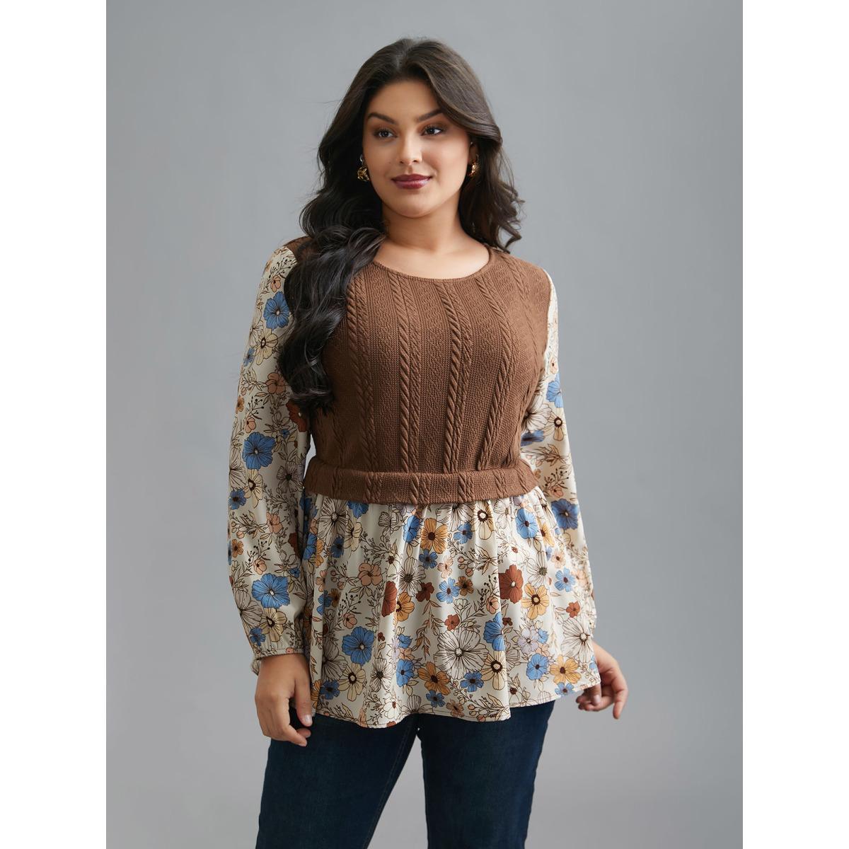 Plus Size Multicolor Mixed Texture Floral Combined Blouse Women Elegant Long Sleeve Round Neck Everyday Blouses BloomChic 18-20/2X Product Image