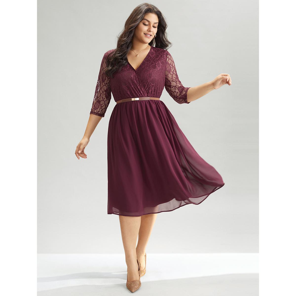 Plus Size Chiffon Crochet Lace Mesh Surplice Neck Dress Burgundy Women Elegant Texture Overlap Collar Elbow-length sleeve Curvy Midi Dress BloomChic 10/M Product Image