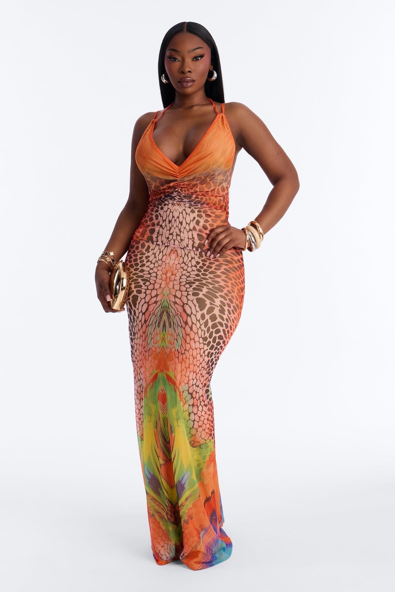 Beach Club Strappy Mesh Maxi Dress - Orange/combo Female Product Image