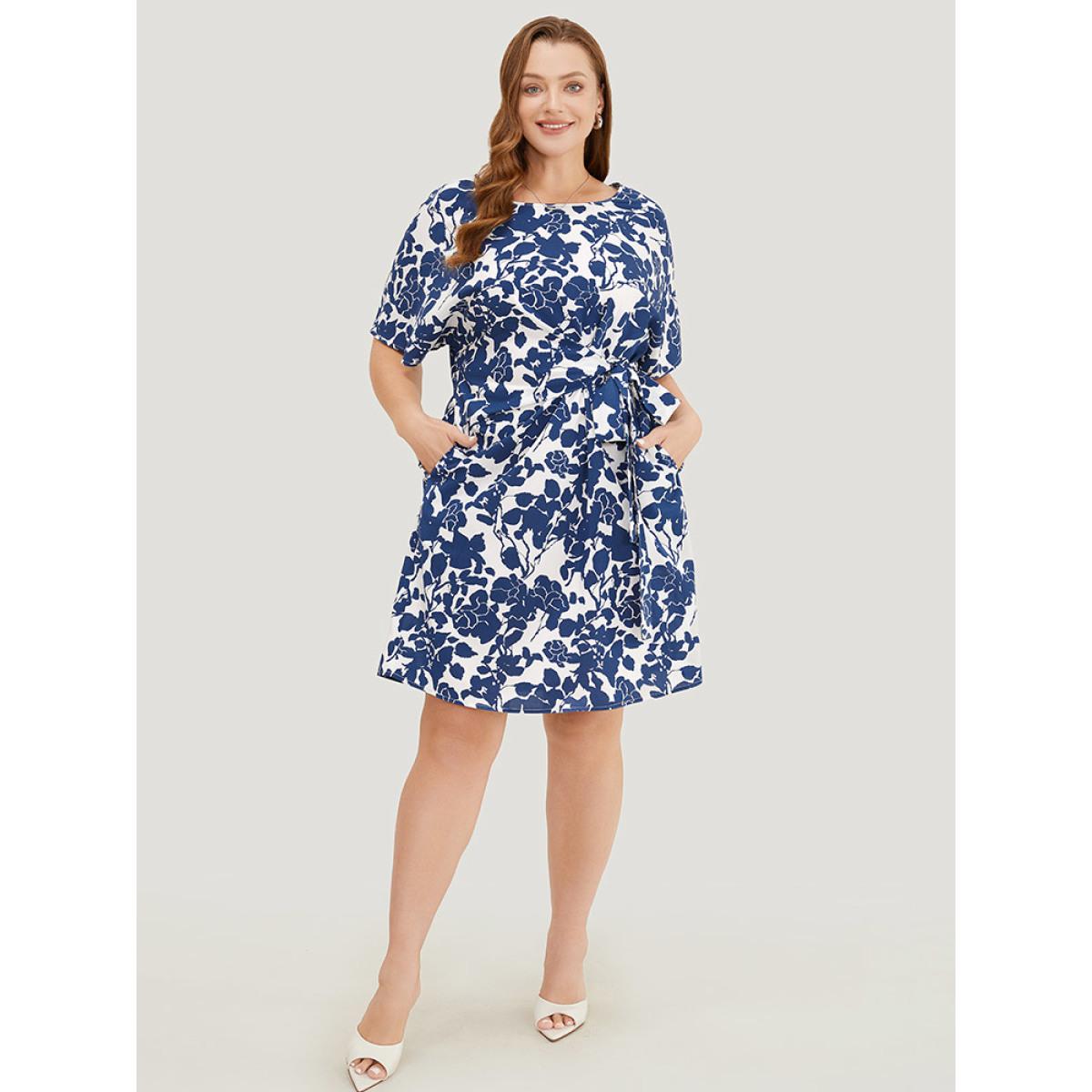 Plus Size Floral Print Batwing Sleeve Pocket Knot Side Dress Blue Women Elegant Knotted Round Neck Half Sleeve Curvy Short Dress BloomChic 14-16/1X Product Image