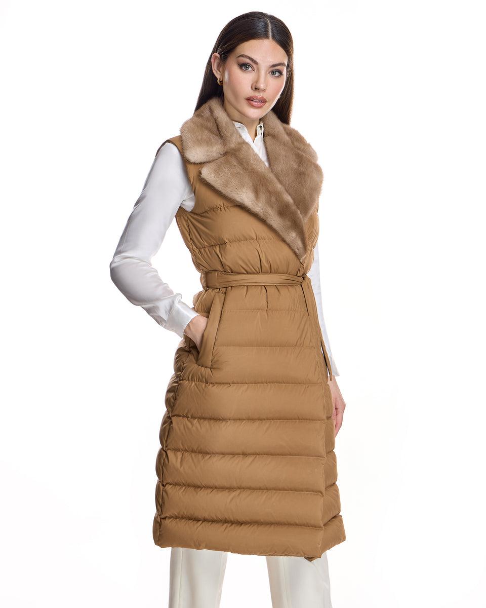 Belted Polyester Vest with Natural Mink Collar Product Image