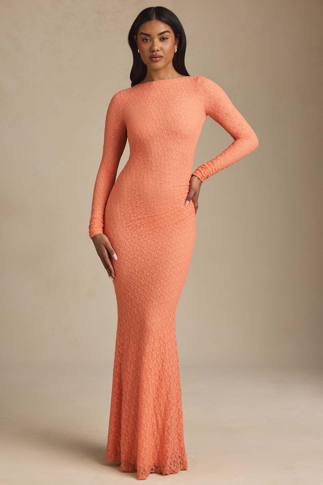 Ruched Backless Lace Maxi Dress in Peach Product Image