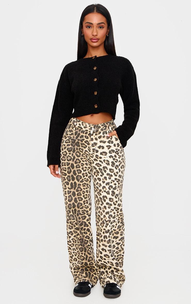 Petite Brown Denim Leopard Print Straight Leg Jeans Product Image
