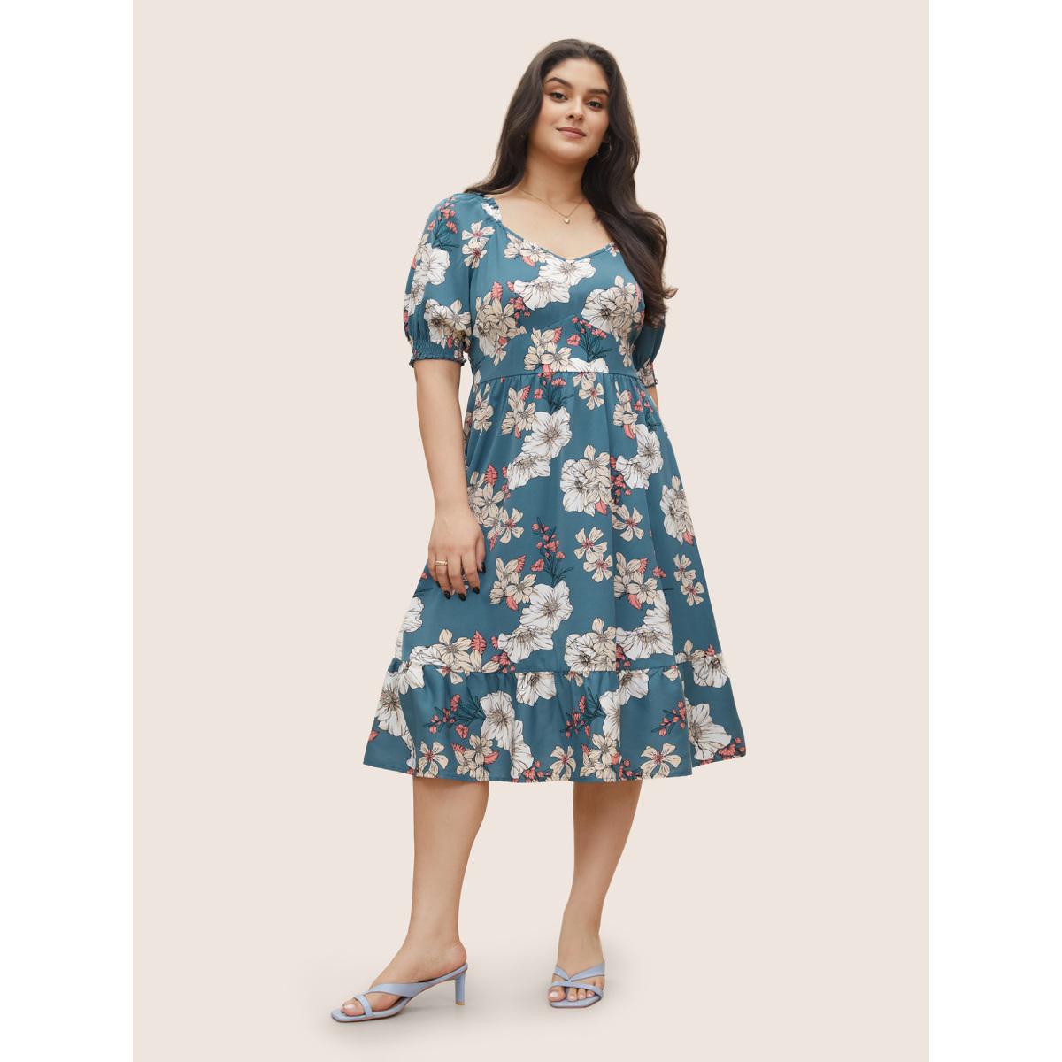 Plus Size Floral Frill Trim Shirred Pocket Square Neck Dress Stone Women Elegant Non Square Neck Short sleeve Curvy Midi Dress BloomChic 10/M Product Image