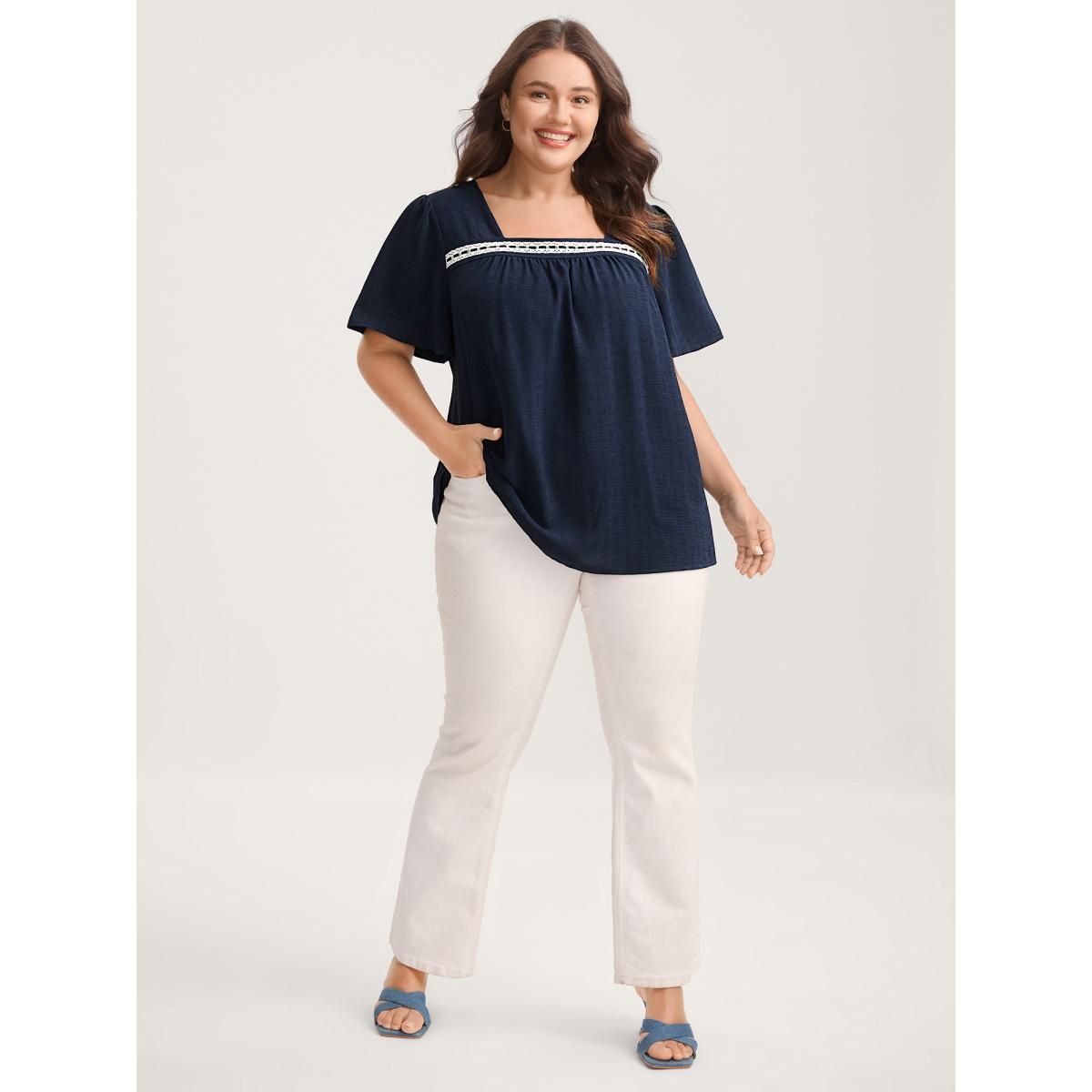 Plus Size Indigo Square Neck Lace Pleated Blouse Women Romantic Short sleeve Square Neck Elegant Blouses BloomChic 12/L Product Image