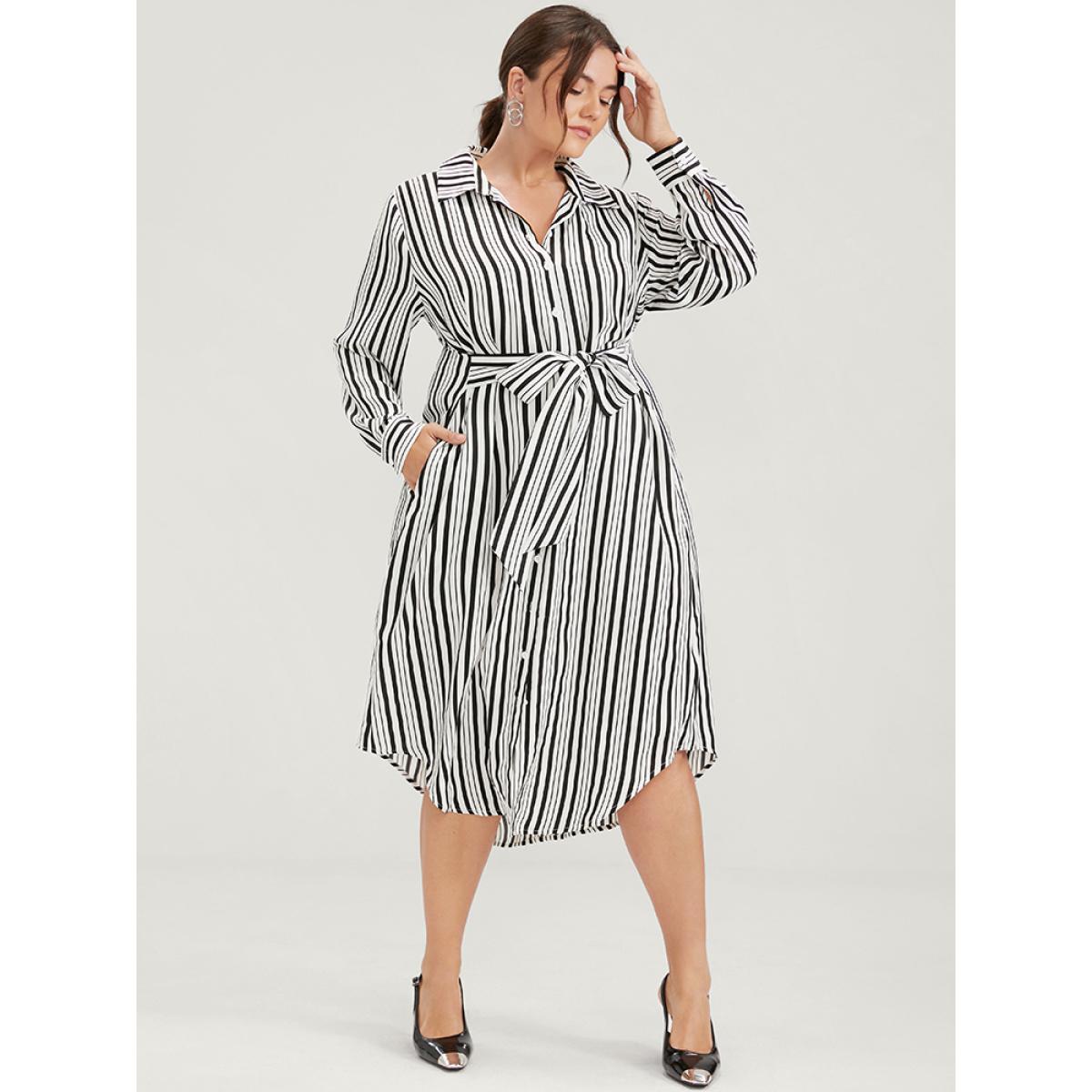 Plus Size Striped Button Pocket Kontted Shirt Collar Arc Hem Dress Black Women Office Arc Hem Shirt collar Long Sleeve Curvy Midi Dress BloomChic 22-24/3X Product Image