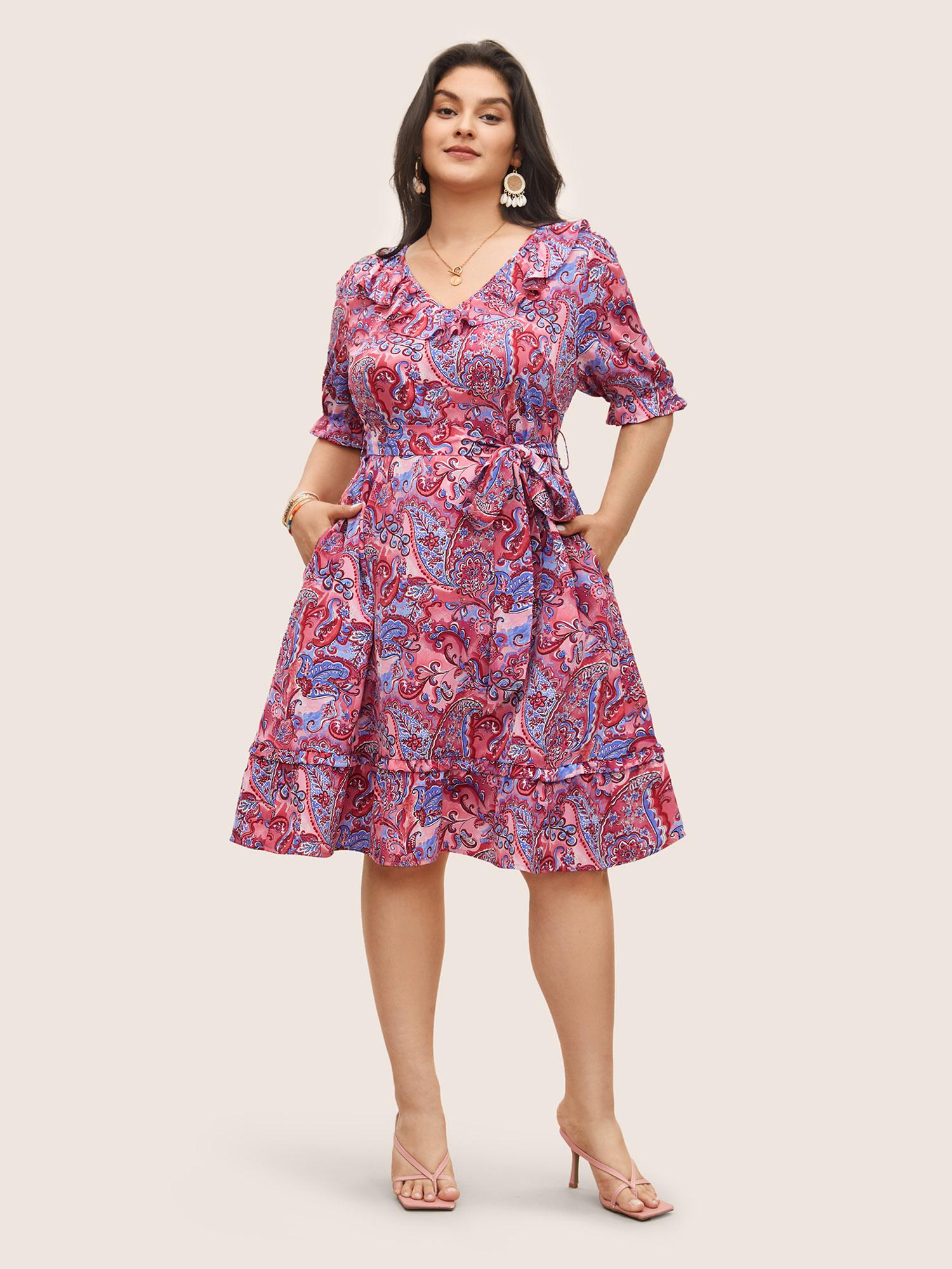 Plus Size Paisley Print Belted Ruffle Trim Dress Russet Women Resort Non V-neck Half Sleeve Curvy Midi Dress BloomChic 18-20/2X Product Image