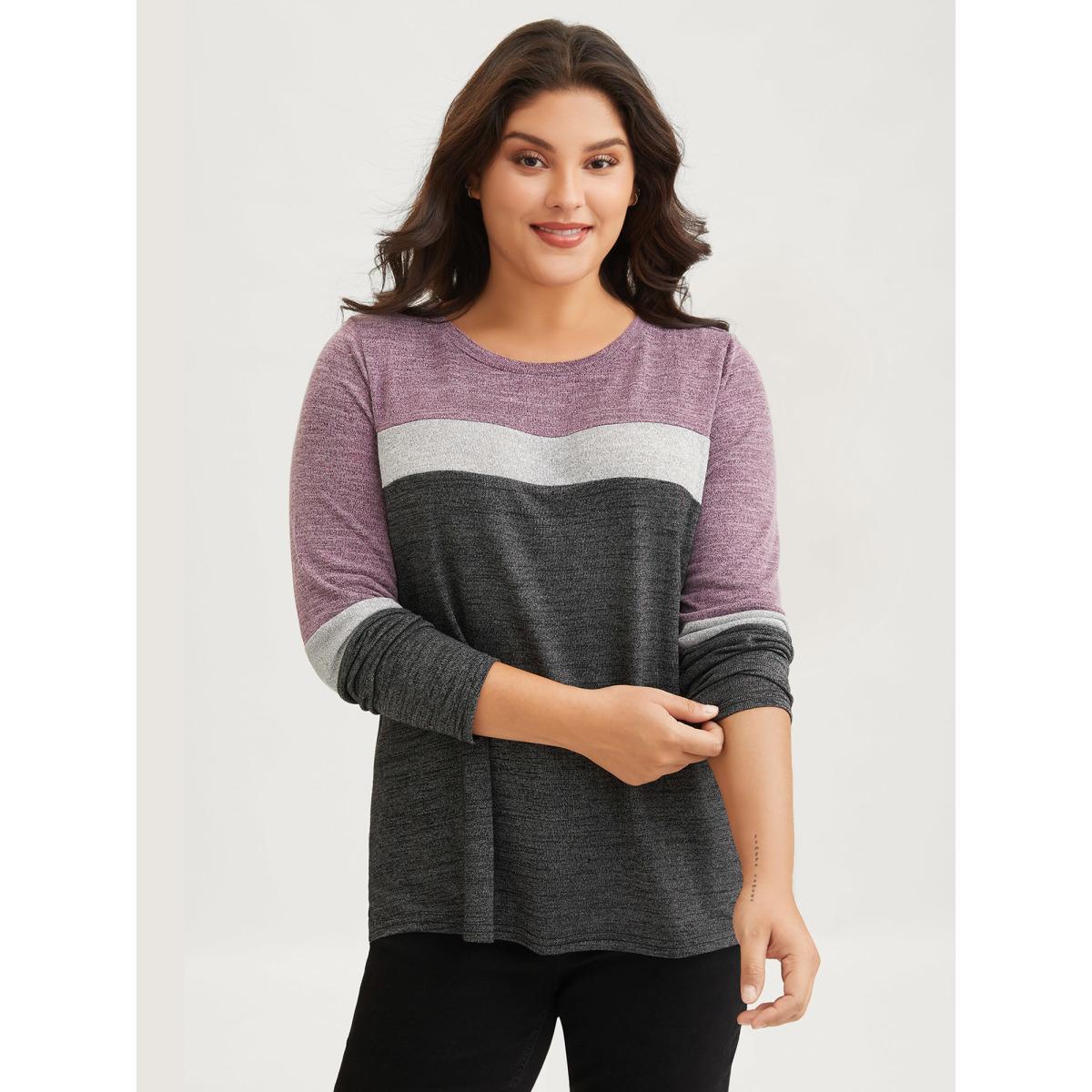 Plus Size Heather Colorblock Contrast Crew Neck T-shirt Black Women Leisure Texture Plain Round Neck Casual T-shirts BloomChic 12/L Product Image