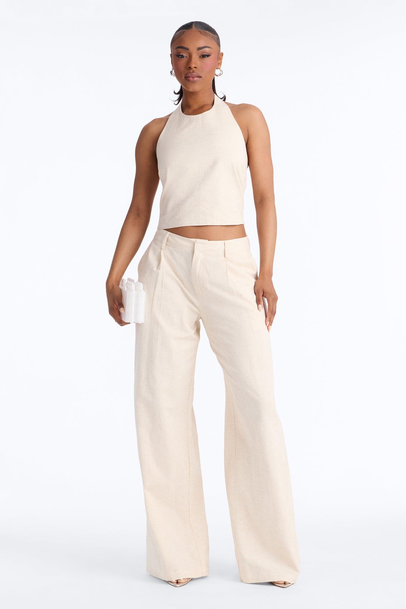 Ocean Breeze Linen Backless Halter Top - Stone Female Product Image