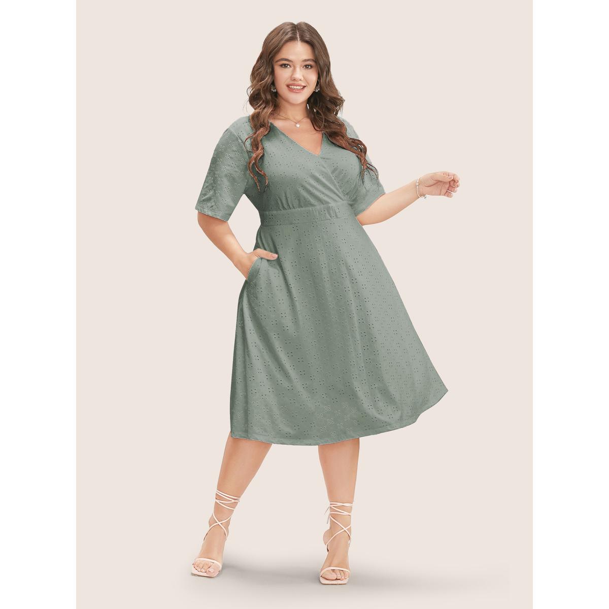 Plus Size Solid Pocket Laser Cut Surplice Neck Knee Dress Sage Women Elegant Pocket V-neck Short sleeve Curvy Knee Dress BloomChic 30/6X Product Image