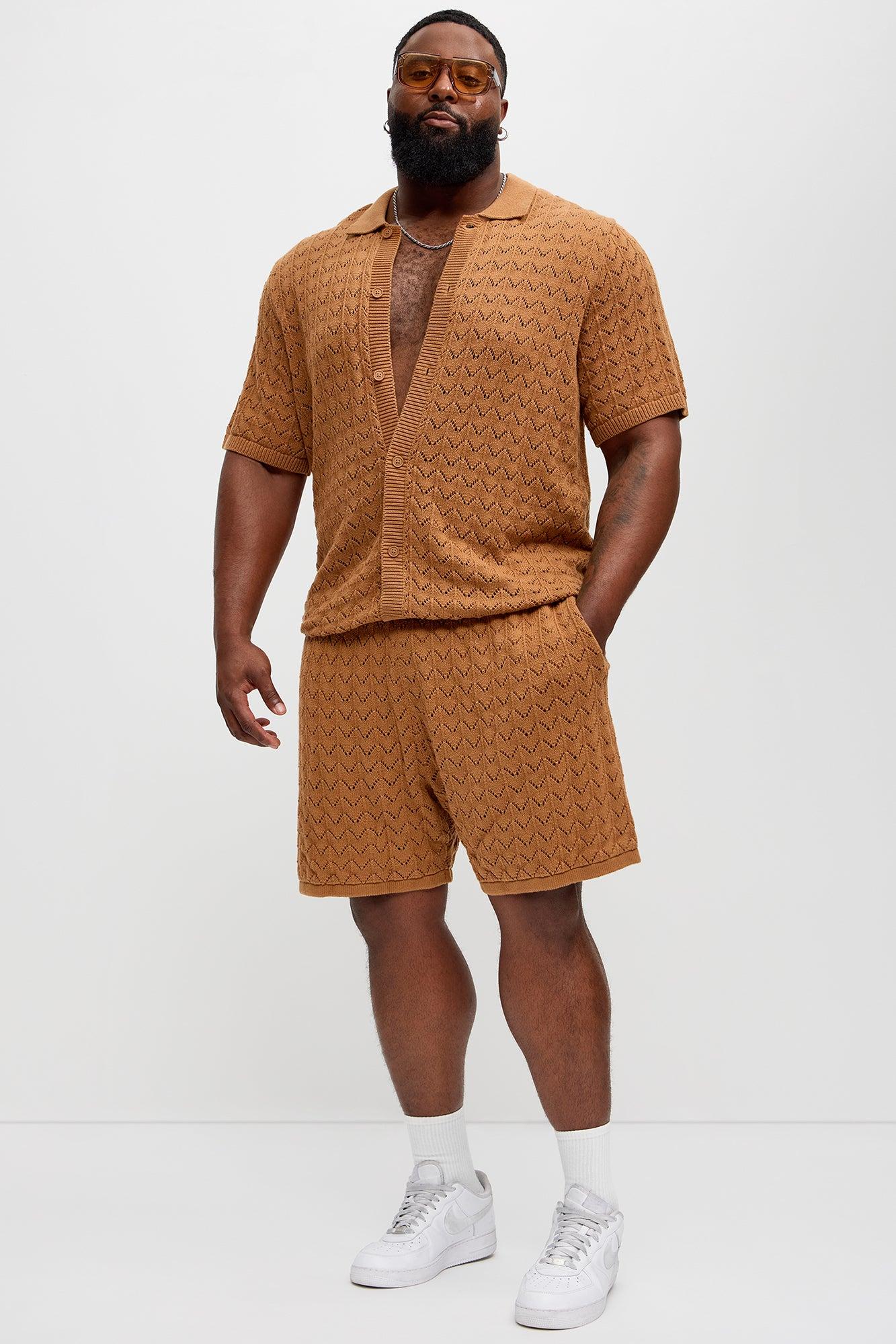 Waterfall Texture Open Knit Shorts - Brown Product Image