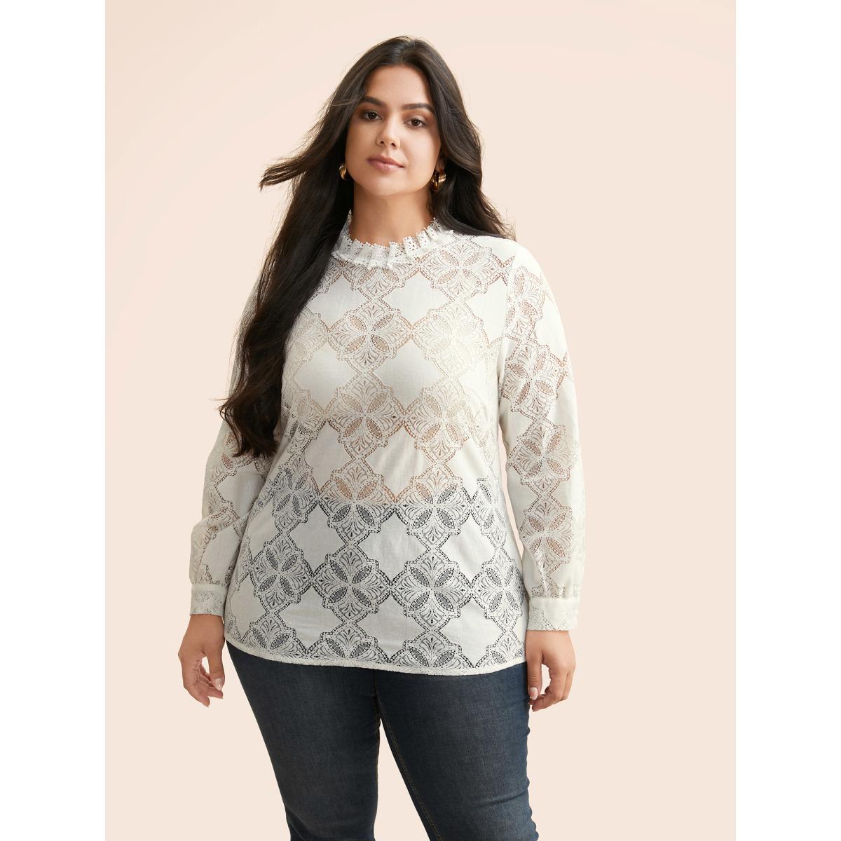 Plus Size Ivory Lace Panel Mesh Stand Collar Blouse Women Elegant Long Sleeve Stand-up collar Everyday Blouses BloomChic 14-16/1X Product Image