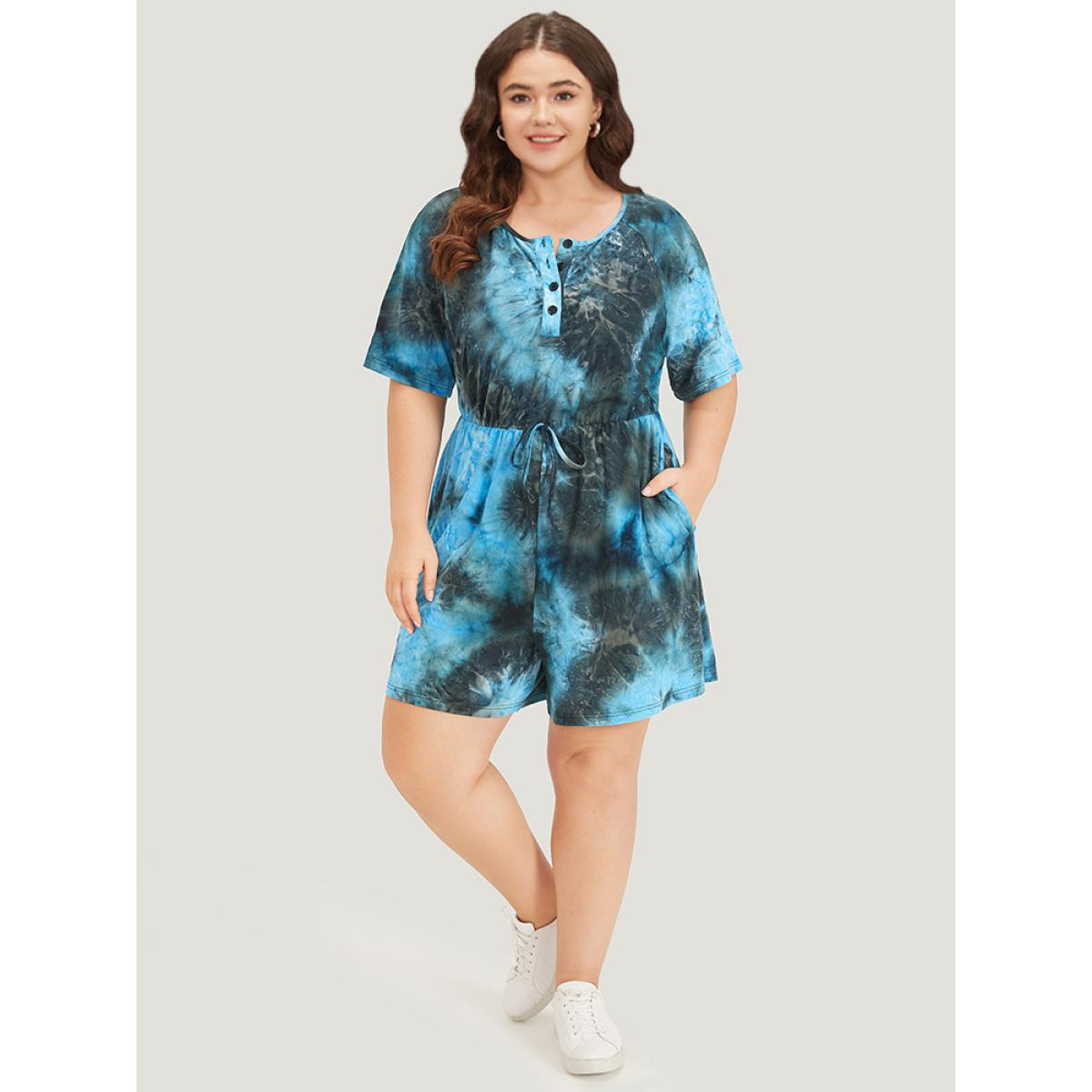 Plus Size Multicolor Tie Dye Button Up Ties Raglan Sleeve Jumpsuit Women Casual Short sleeve Round Neck Dailywear Loose Jumpsuits BloomChic 18-20/2X Product Image