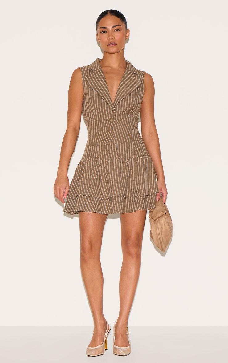 Petite Taupe Striped Button Up Frill Dress Product Image