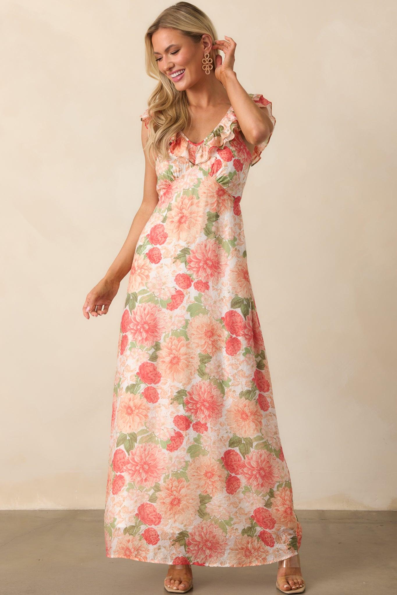 MINKPINK Apricot Floral Aida Frill Maxi Dress Product Image