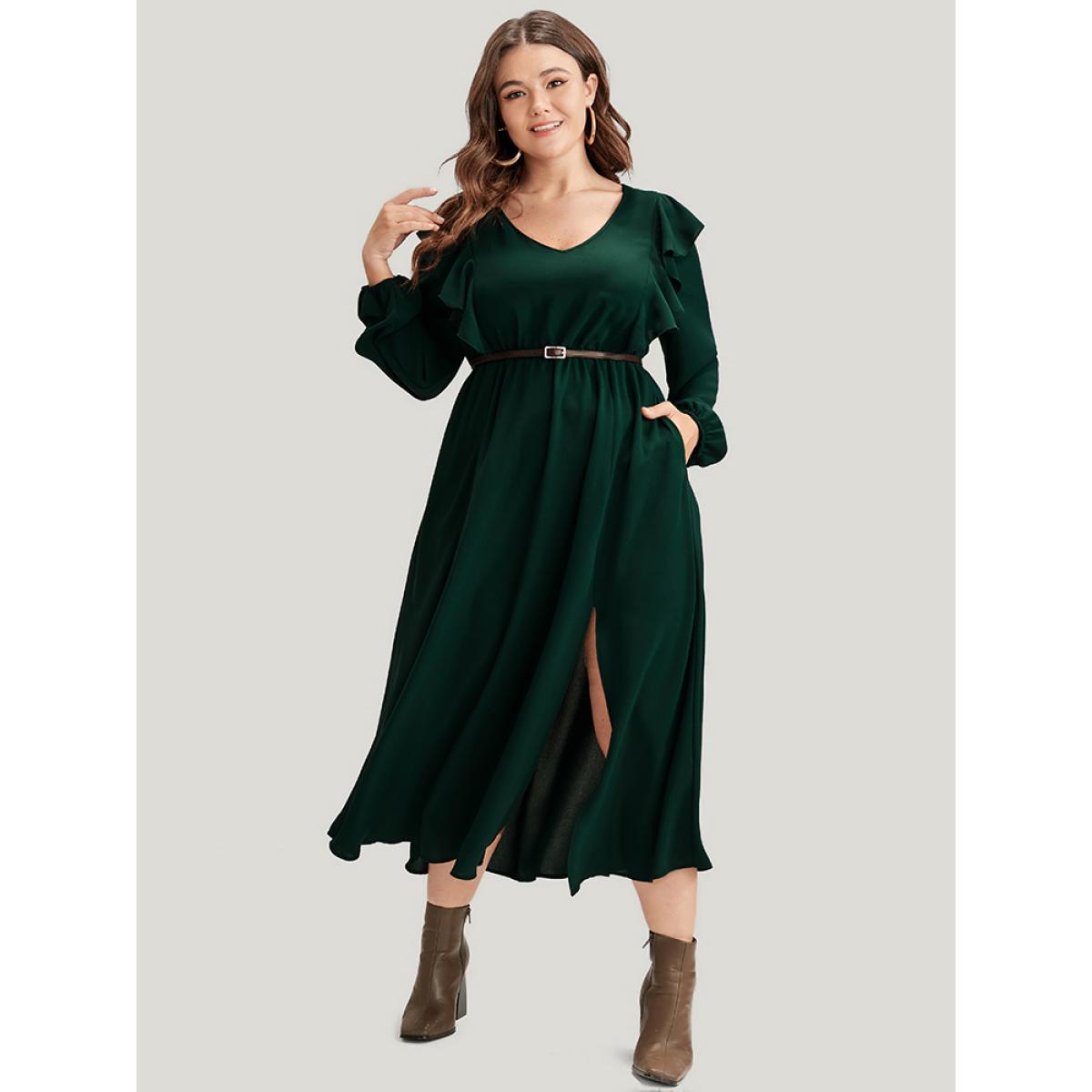 Plus Size Solid Lantern Sleeve Pocket Ruffle Trim Split Midi Dress DarkGreen Women Elegant Pocket V-neck Long Sleeve Curvy Midi Dress BloomChic 10/M Product Image