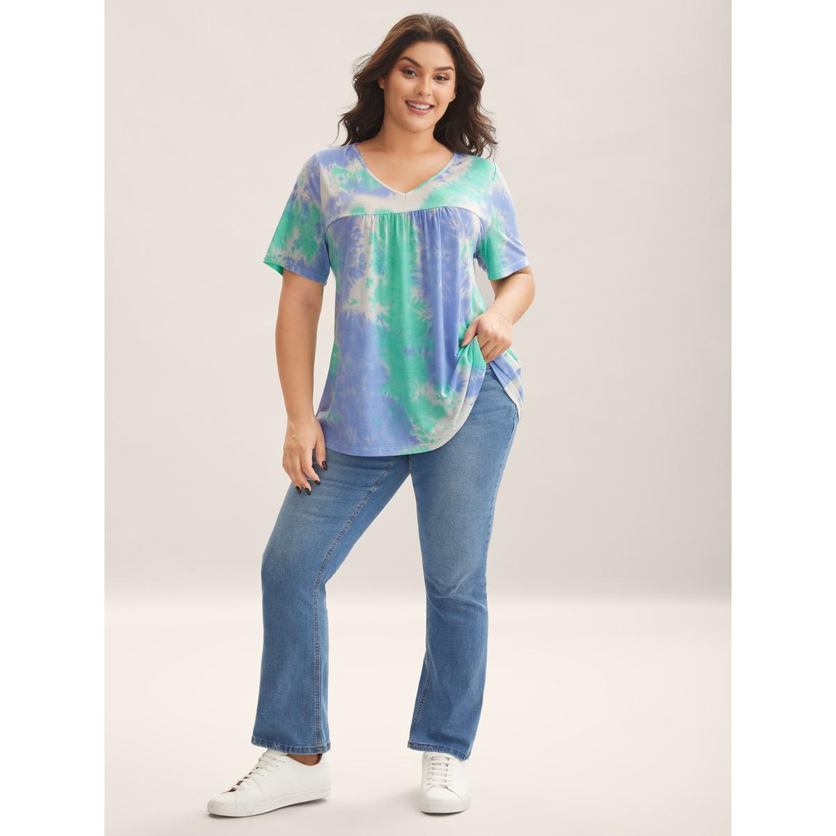 Plus Size Tie-Dye Pleated Flowy T-Shirt Multicolor Women Gathered V-neck Everyday-Casual T-shirts BloomChic 22-24/3X Product Image