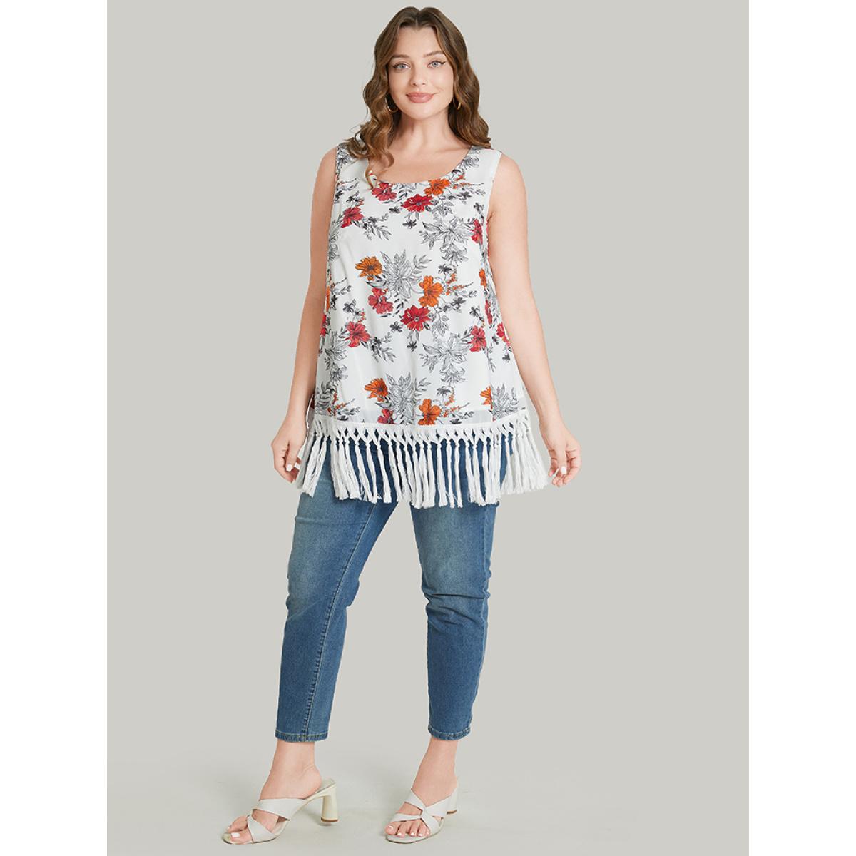 Plus Size Floral Print Fringe Trim Tank Top Women White Vacation Dailywear Tank Tops Camis BloomChic 10/M Product Image