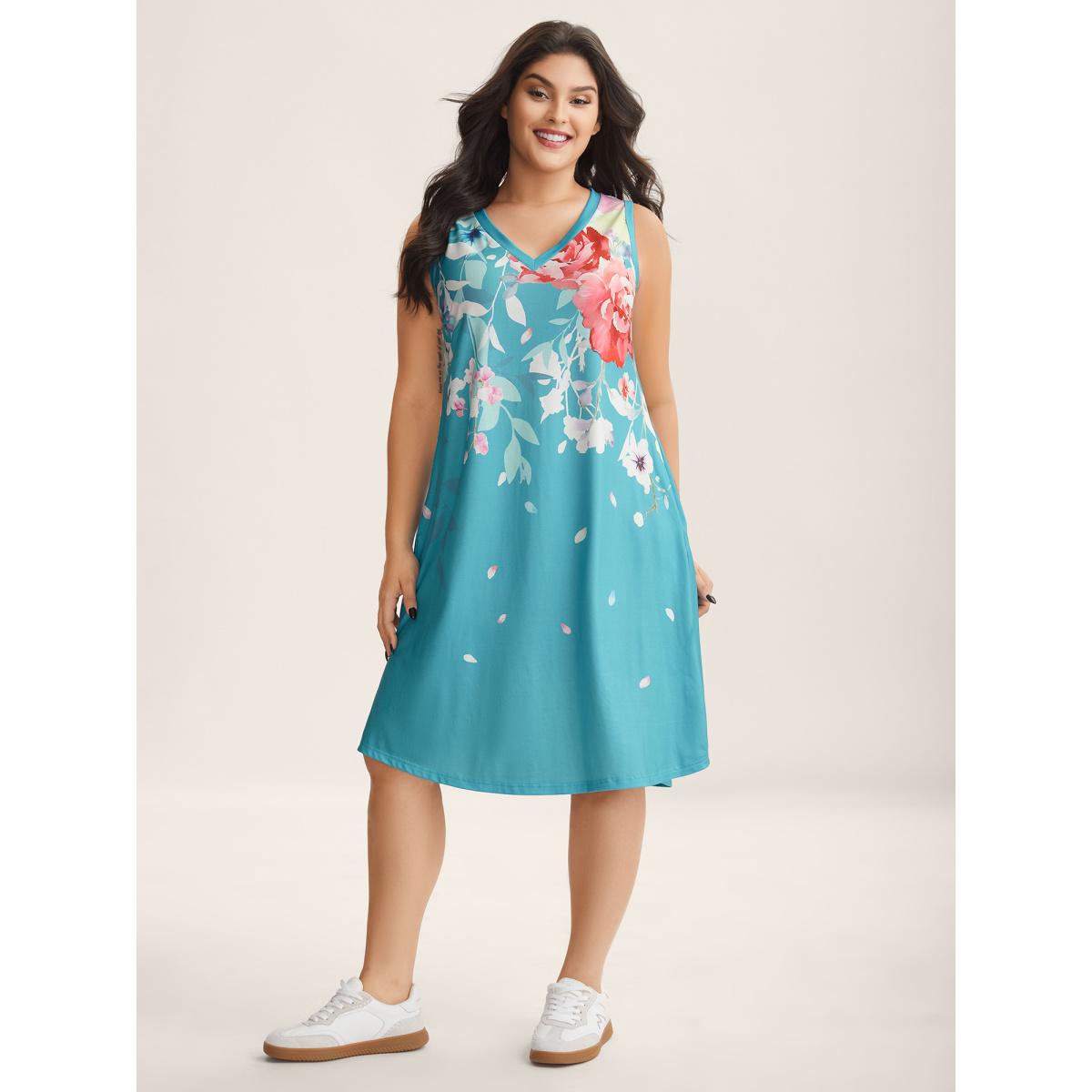 Plus Size Stretchy Breezy Floral A-Line Midi Dress Emerald Women Leisure Knit Dresses Bloomchic 22-24/3X Product Image