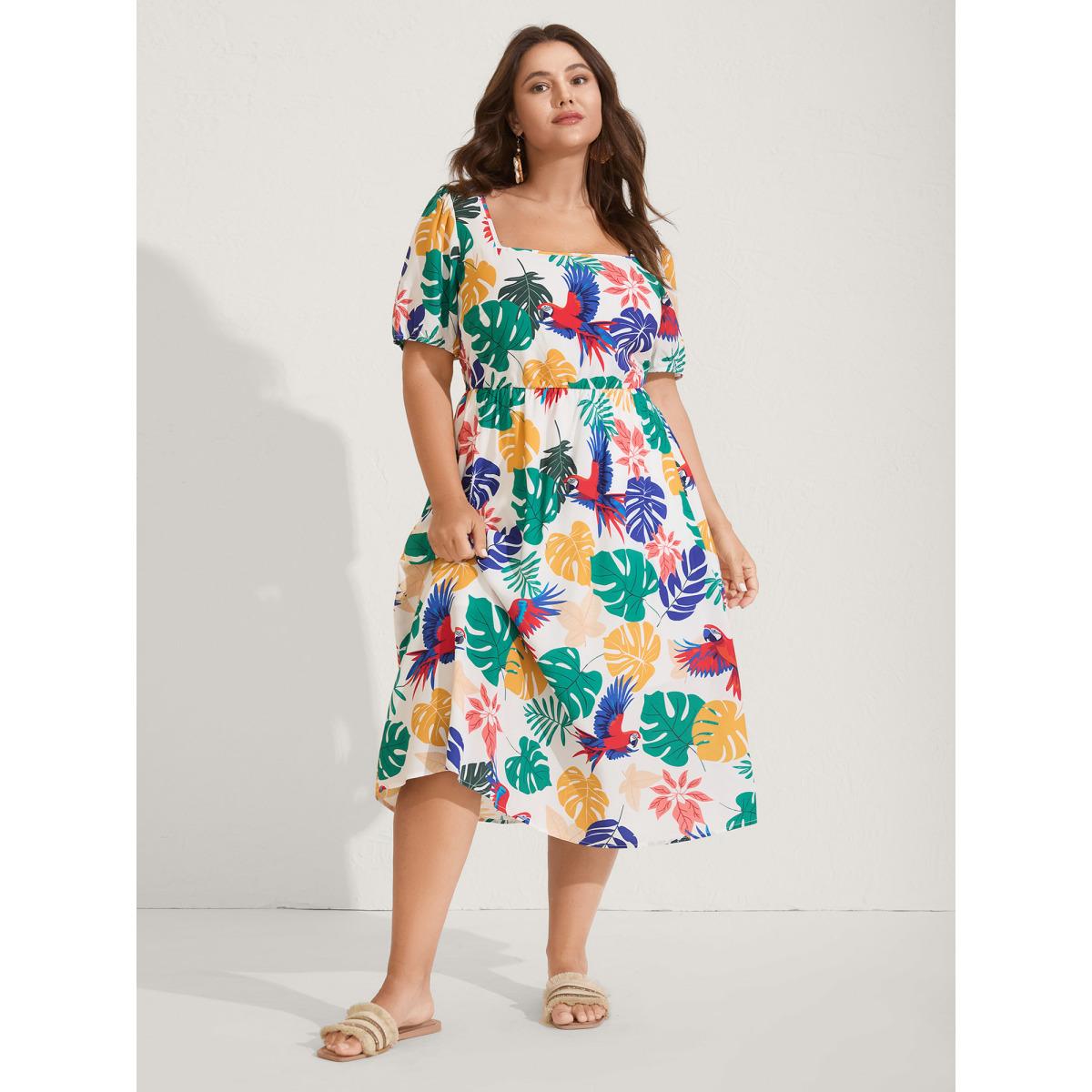 Plus Size Rayon Groovy Tropical Print Midi Dress Multicolor Women Square Neck Short sleeve Curvy BloomChic 28/5X Product Image