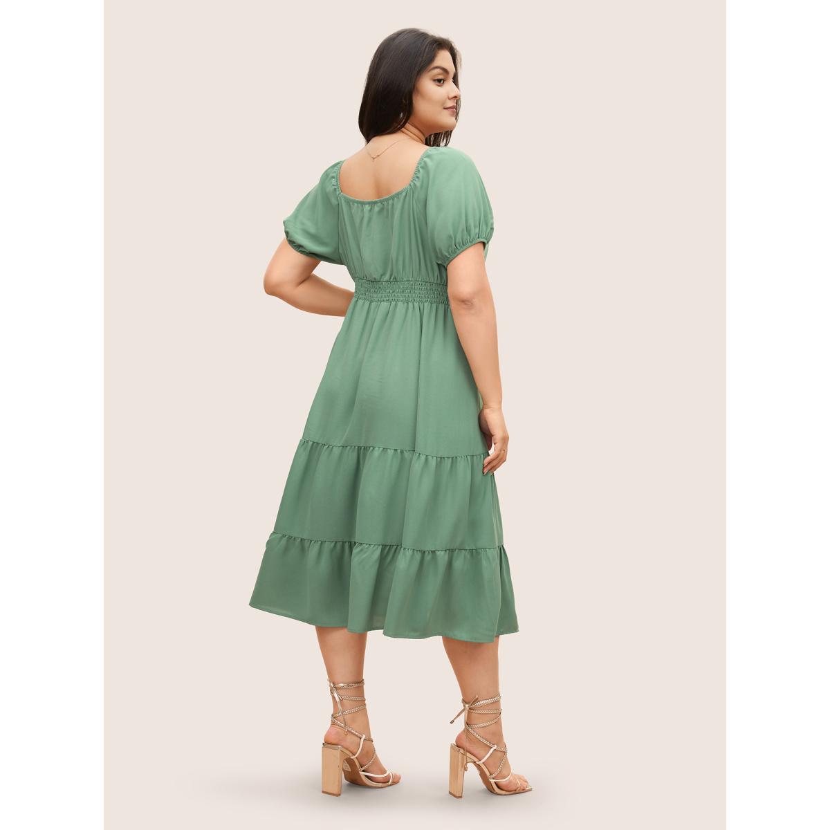 Plus Size Solid Gathered Lantern Sleeve Ruffle Layered Hem Dress Mint Women Elegant Non V-neck Short sleeve Curvy Midi Dress BloomChic 14-16/1X Product Image