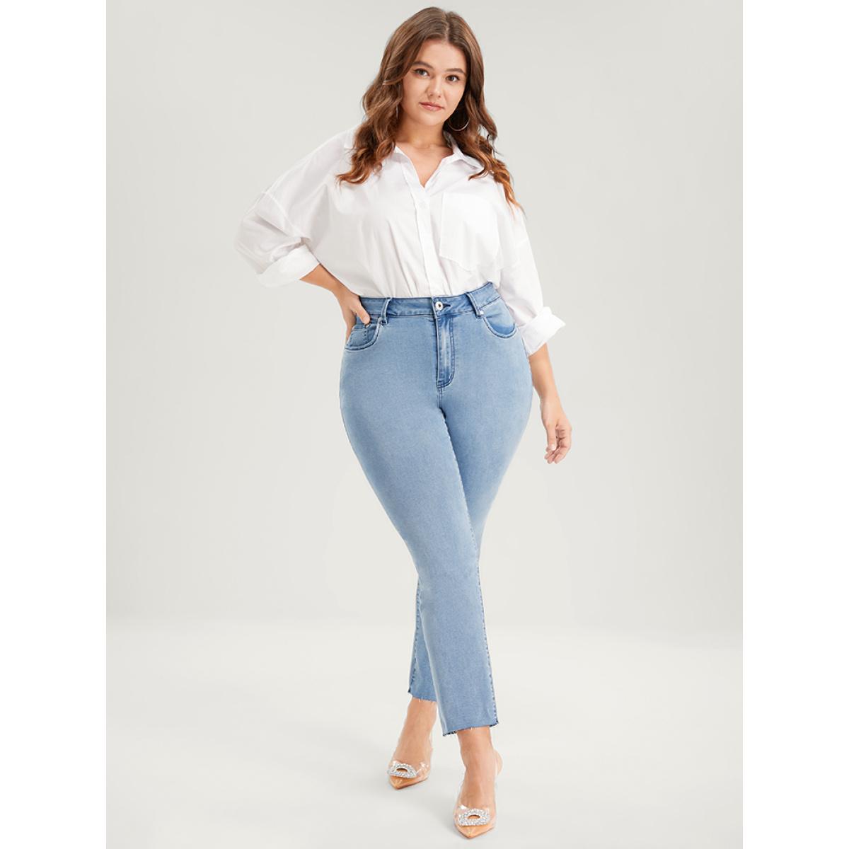Plus Size Skinny Very Stretchy High Rise Light Wash Pocket Patchwork Jeans Women LightBlue Casual Plain Asymmetrical High stretch Pocket Jeans BloomChic 24/3X Product Image