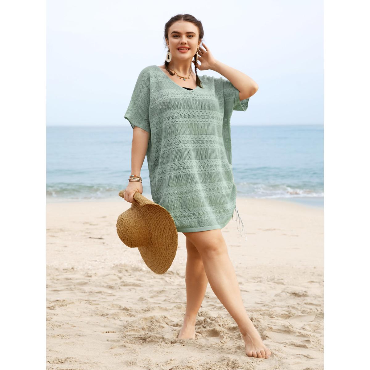Plus Size Deep V Neck Cut Out Drawstring Swim Cover Up Women's Swimwear Palemauve Resort Loose Cut-Out Curve Swim Cover Ups BloomChic 22-24/3X Product Image