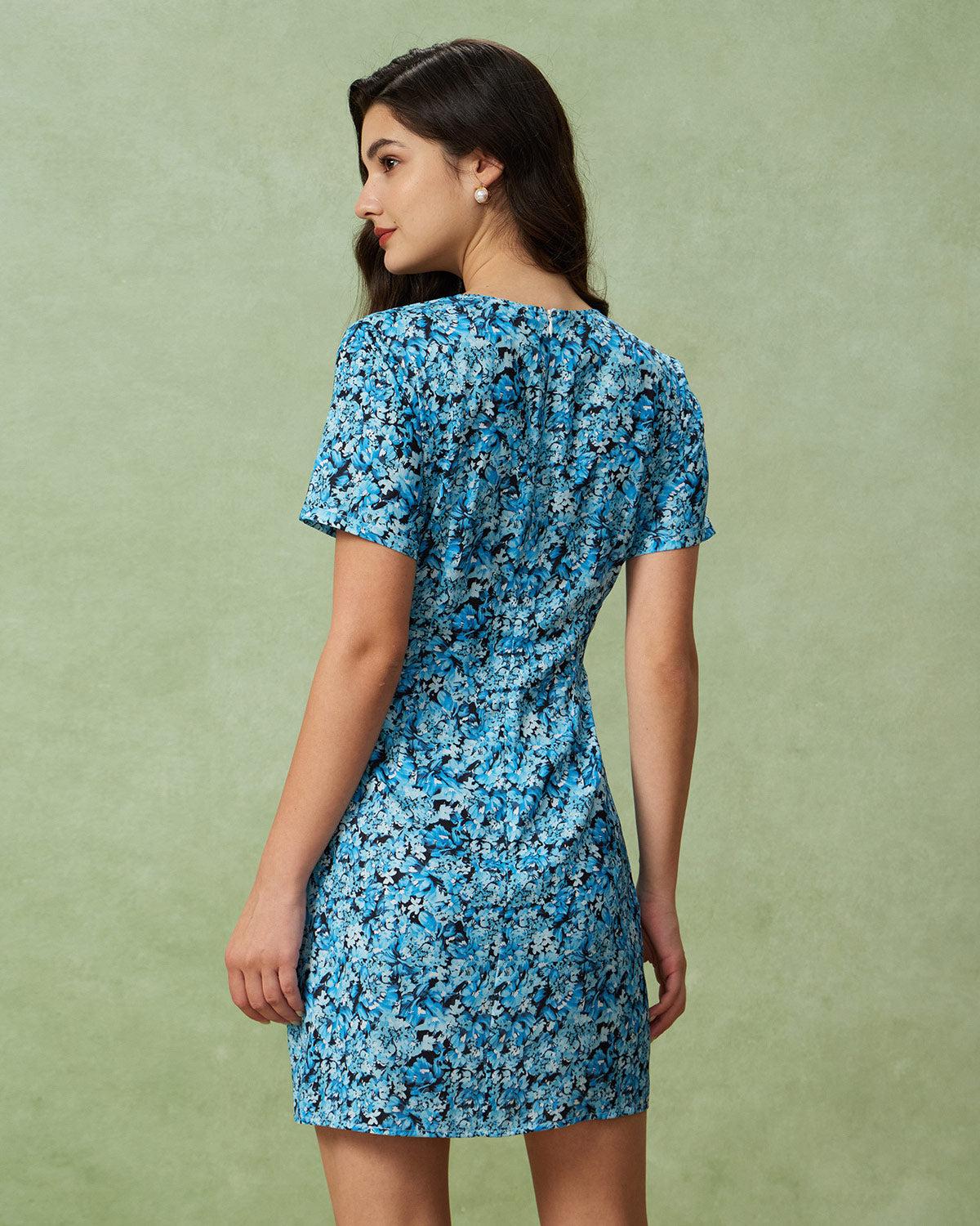 Blue Floral V-Neck Button Mini Dress Product Image