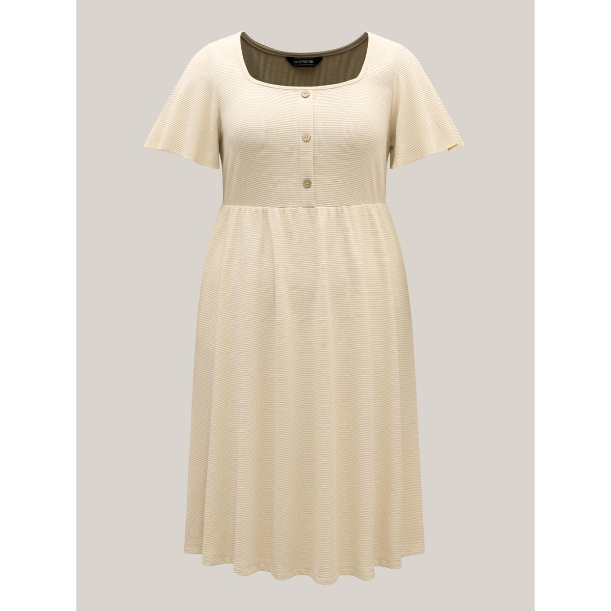 Plus Size Waffle Button Detail Round Neck Midi Dress Apricot Women Elegant Texture Square Neck Short sleeve Curvy BloomChic 14-16/1X Product Image