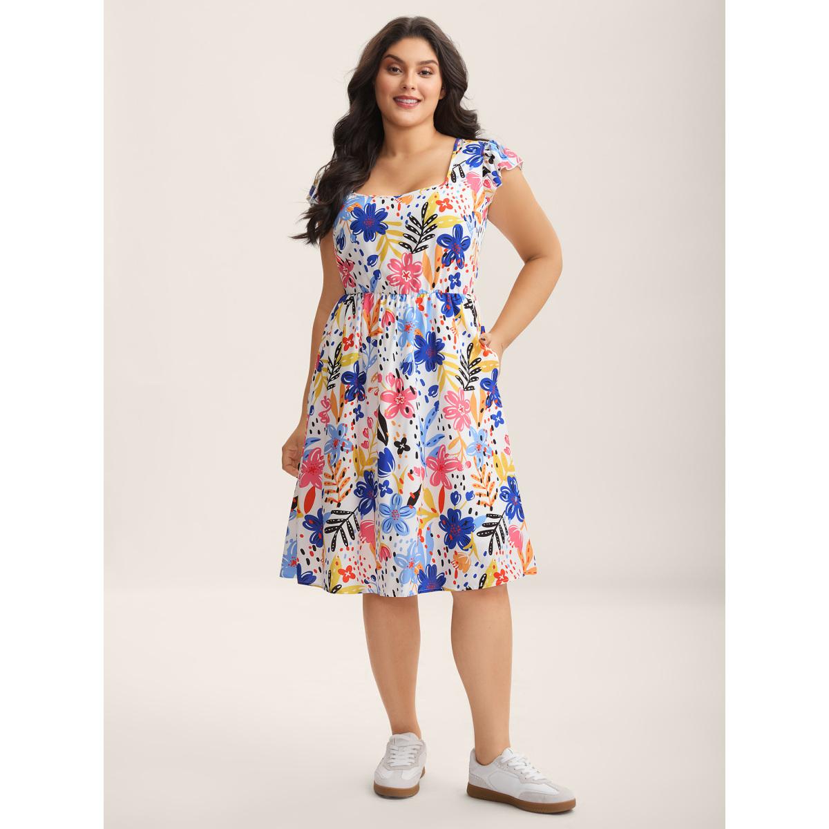 Plus Size Rayon Fun Floral Print Ruffled Sleeve Midi Dress Multicolor Women Square Neck Cap Sleeve Curvy BloomChic 30/6X Product Image