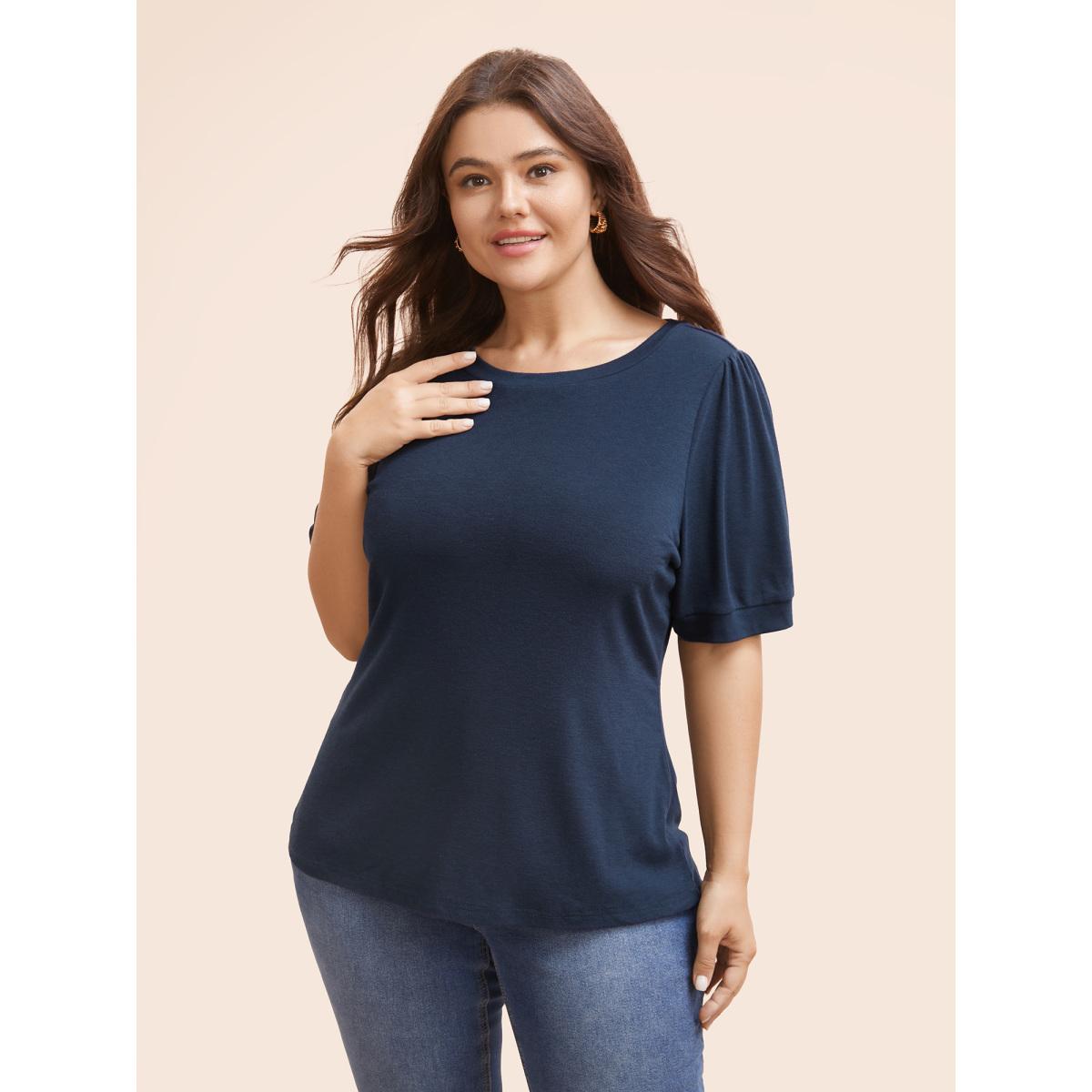 Plus Size Patchwork Ditsy Floral Knot Puff Sleeve T-shirt Indigo Women Elegant Tie knot Round Neck Bodycon Everyday T-shirts BloomChic 22-24/3X Product Image