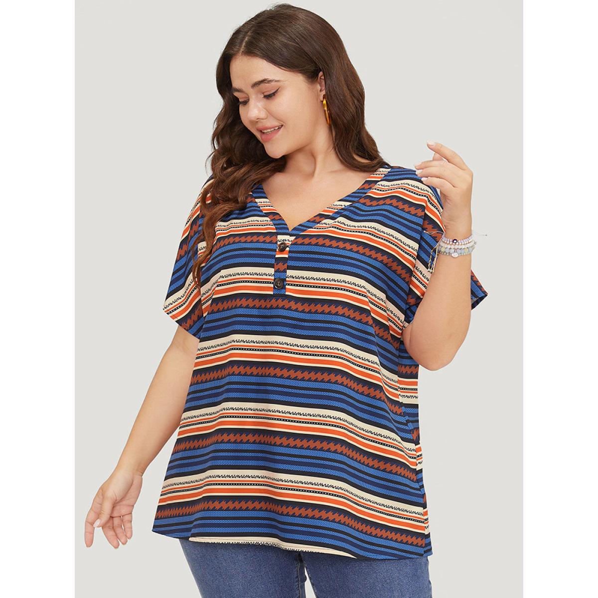 Plus Size Multicolor Striped Contrast Button Detail Batwing Sleeve Blouse Women Elegant Short sleeve V-neck Dailywear Blouses BloomChic 30/6X Product Image