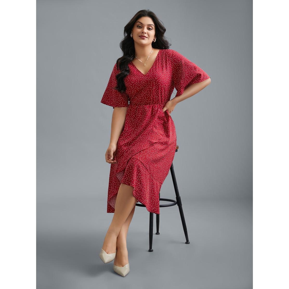 Plus Size V Neck Polka Dot Ruffle Trim Dress Scarlet Women Elegant Overlapping V-neck Half Sleeve Curvy BloomChic 28/5X Product Image