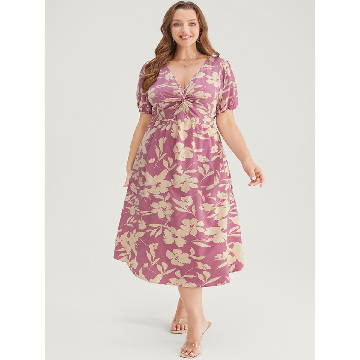 Plus Size Floral Print Twist Front Puff Sleeve Pocket Ruffles Dress Pink Women Elegant Pocket V-neck Short sleeve Curvy Midi Dress BloomChic 26/4X Product Image