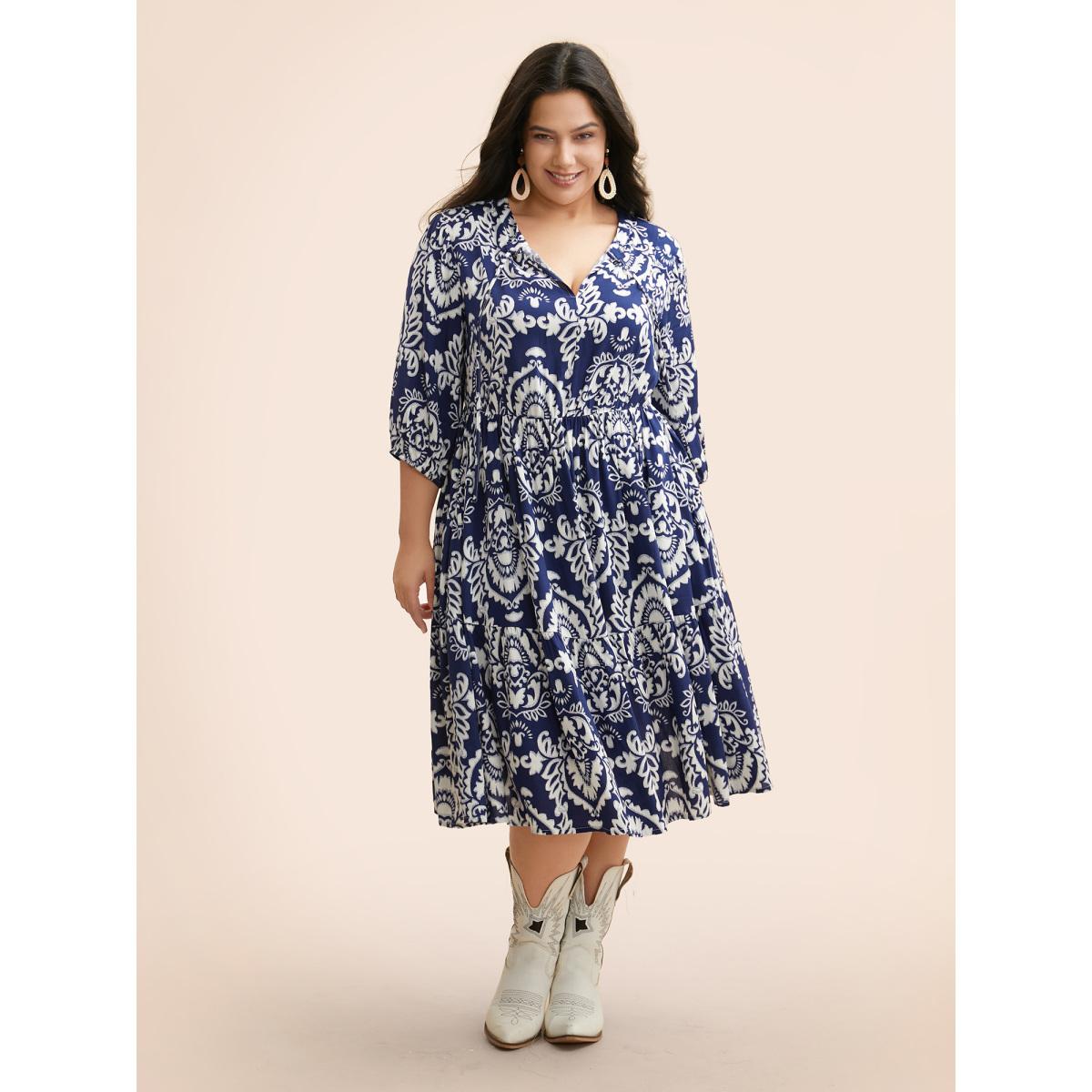 Plus Size Damask Print Tie Knot Puff Sleeve Dress Indigo Women Resort Tie knot V-neck Elbow-length sleeve Curvy BloomChic 28/5X Product Image