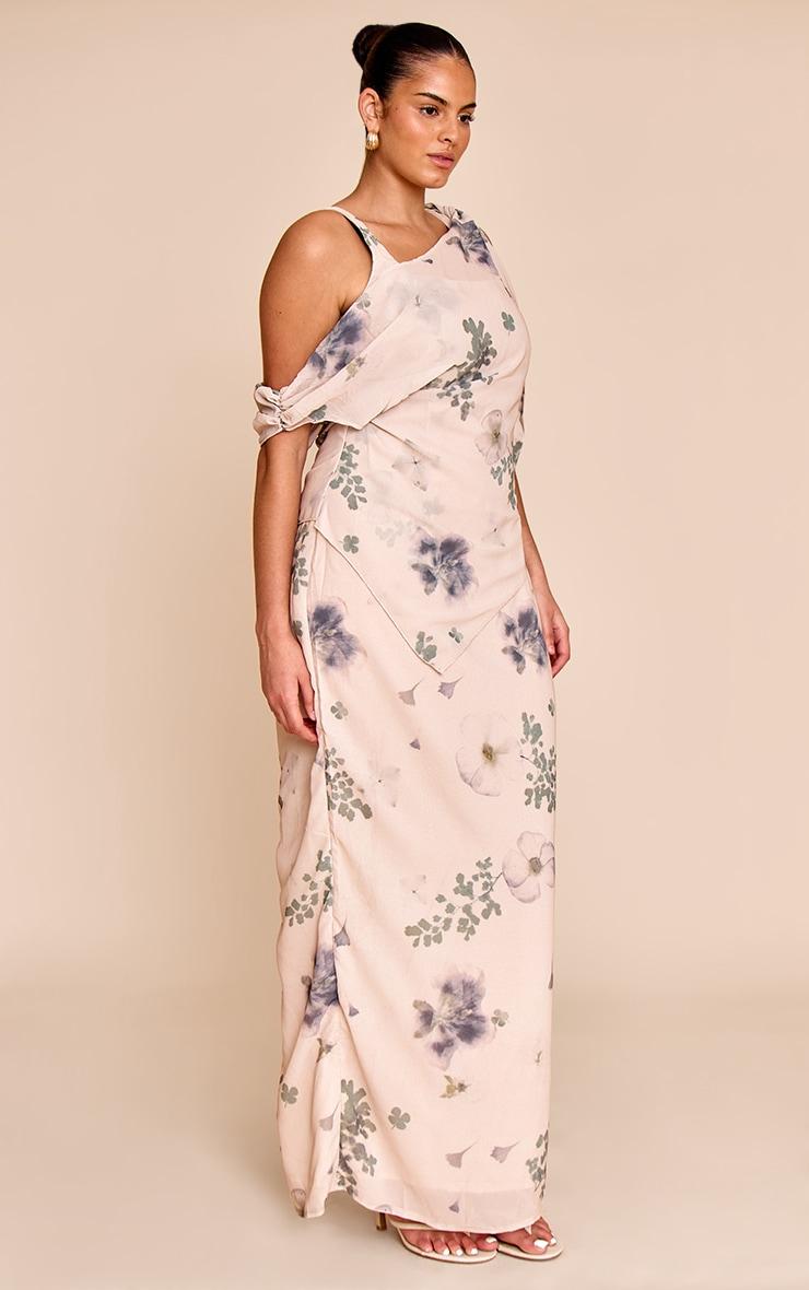 Plus Sand Abstract Printed Chiffon Draped Maxi Dress Product Image