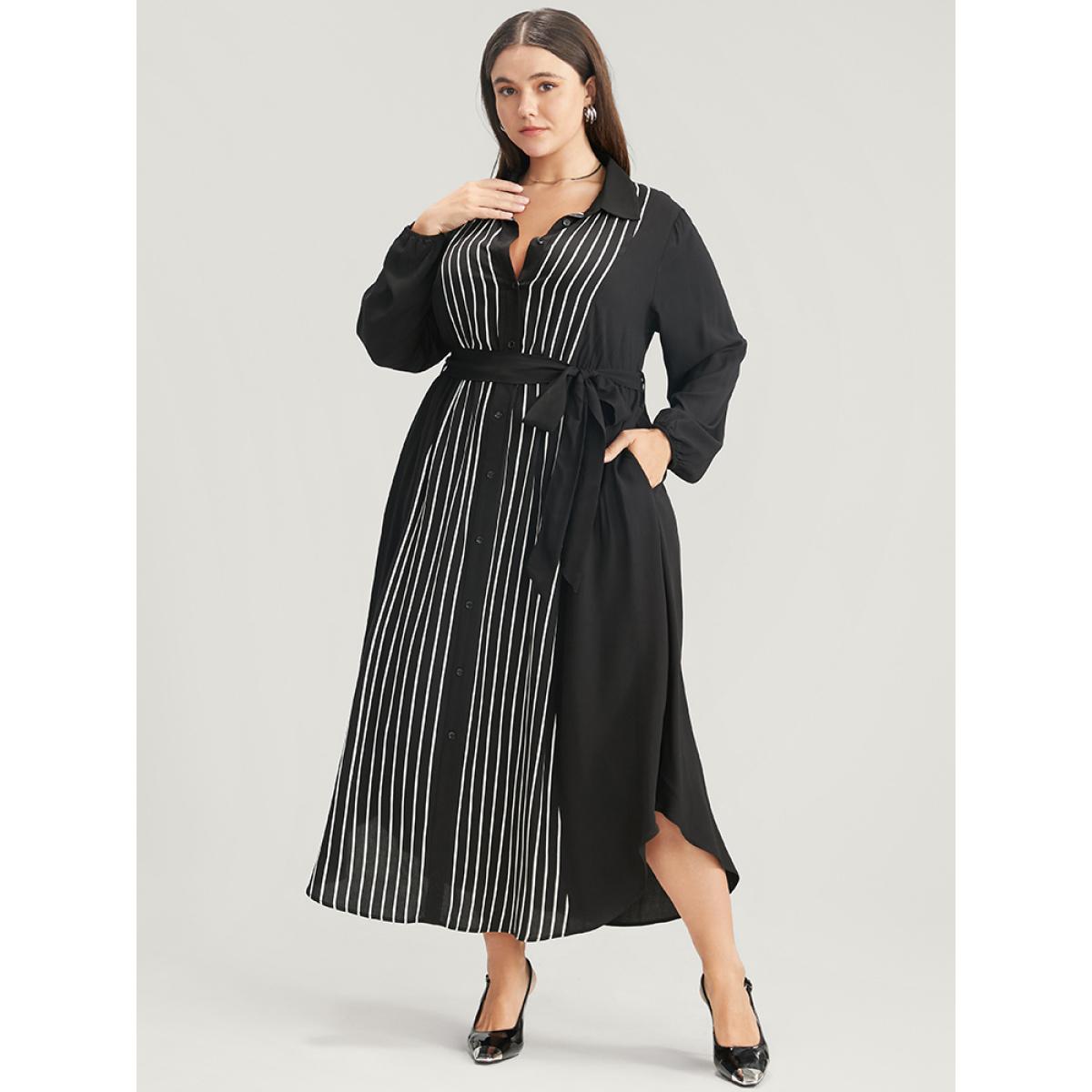 Plus Size Striped Contrast Pocket Button Detail Belted Dress Black Women Office Pocket Shirt collar Long Sleeve Curvy Long Dress BloomChic 28/5X Product Image