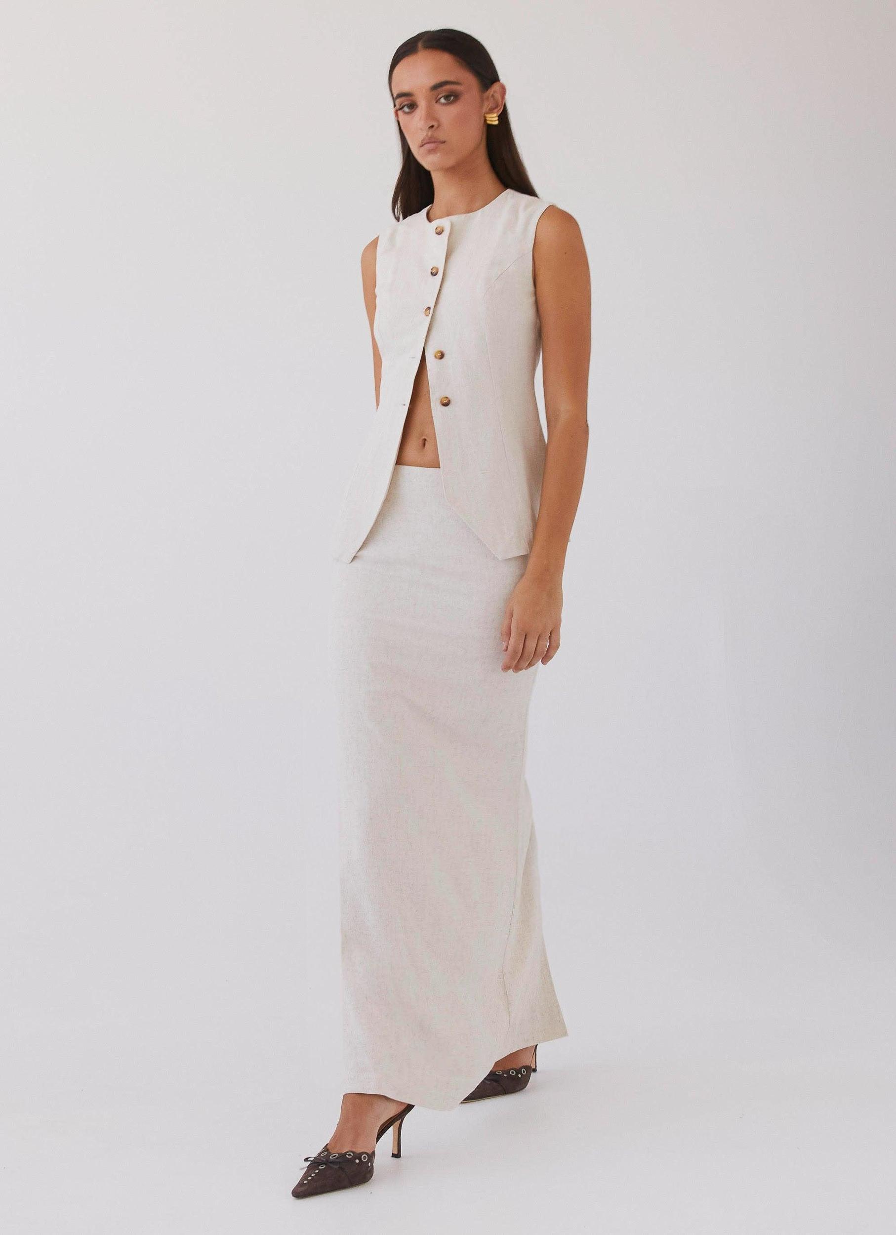 Born For Bordeaux Linen Midi Skirt - Oatmeal Product Image