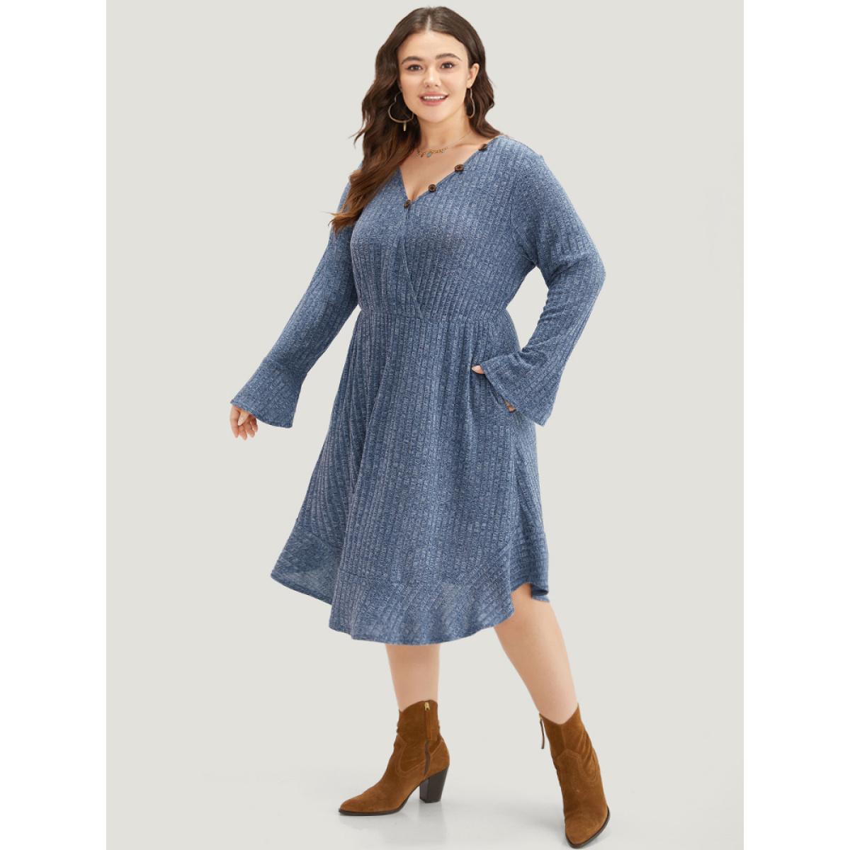 Plus Size Rib Knit Button Detail Pocket Bell Sleeve Dress Indigo Women Casual Texture V-neck Long Sleeve Curvy Midi Dress BloomChic 14-16/1X Product Image