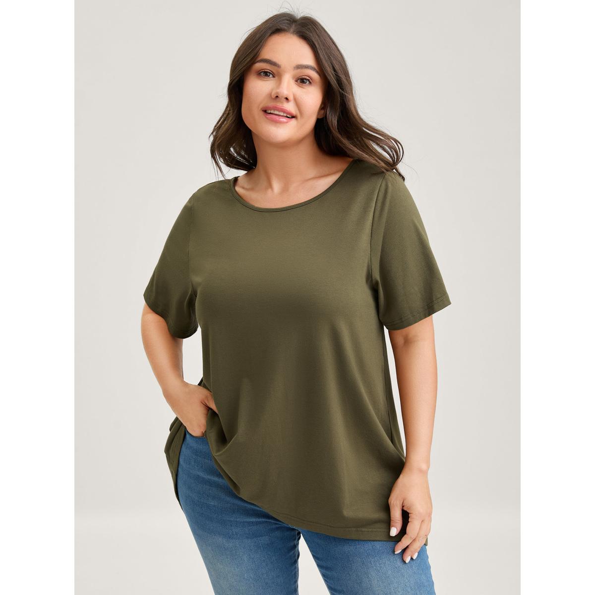 Plus Size Split Lace Back Solid T-Shirt ArmyGreen Women Woven ribbon&lace trim Round Neck Everyday-Casual T-shirts BloomChic 12/L Product Image
