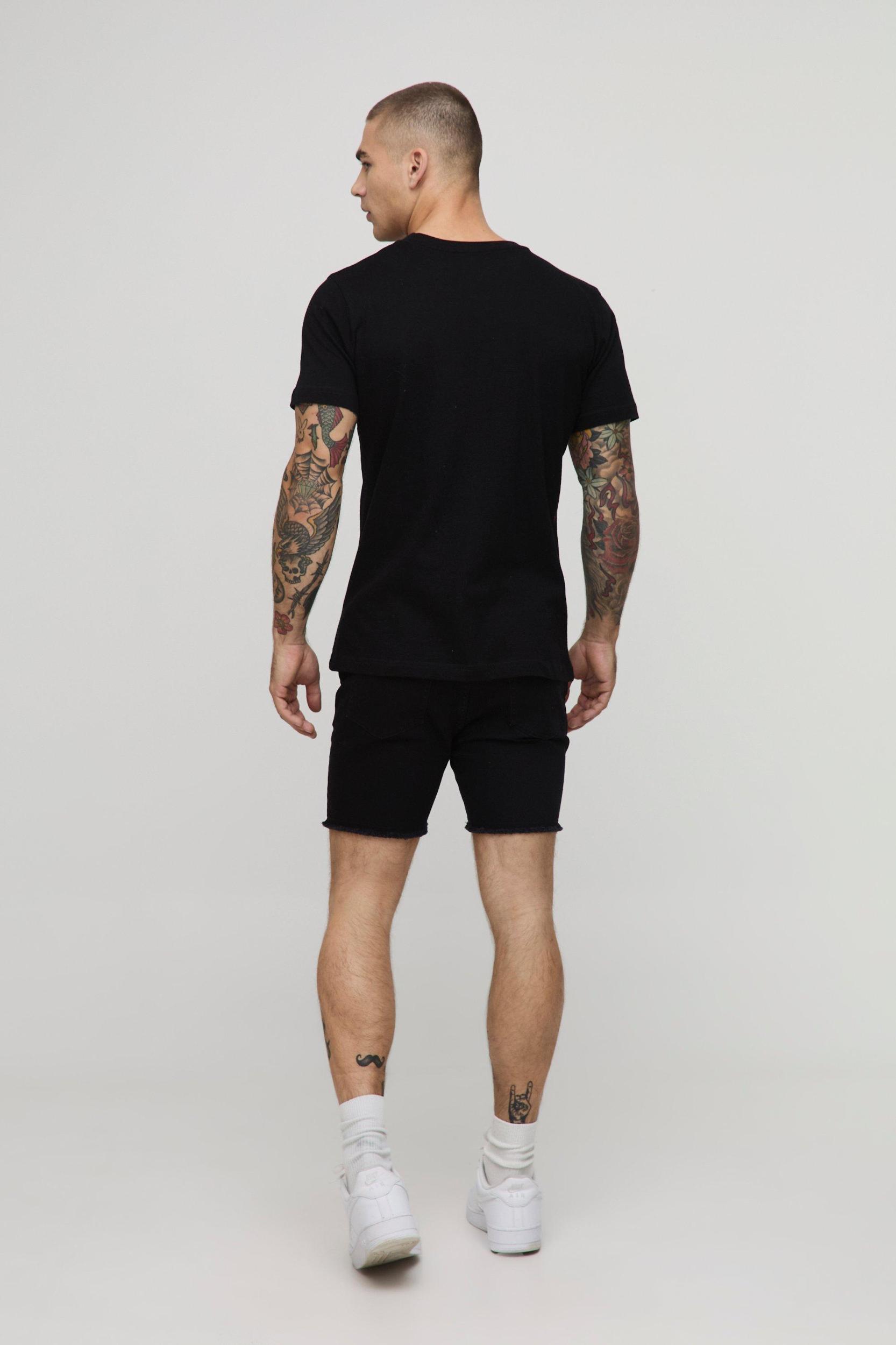 Skinny Stretch Ripped Raw Hem Denim Shorts | boohooMAN USA Product Image