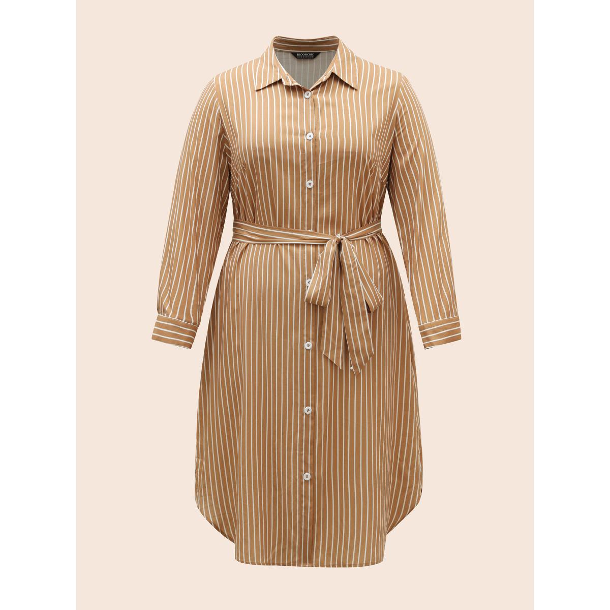 Plus Size Striped Shirt Collar Curved Hem Midi Dress LightBrown Women Workwear Essentials Belted Shirt collar Long Sleeve Curvy BloomChic 28/5X Product Image