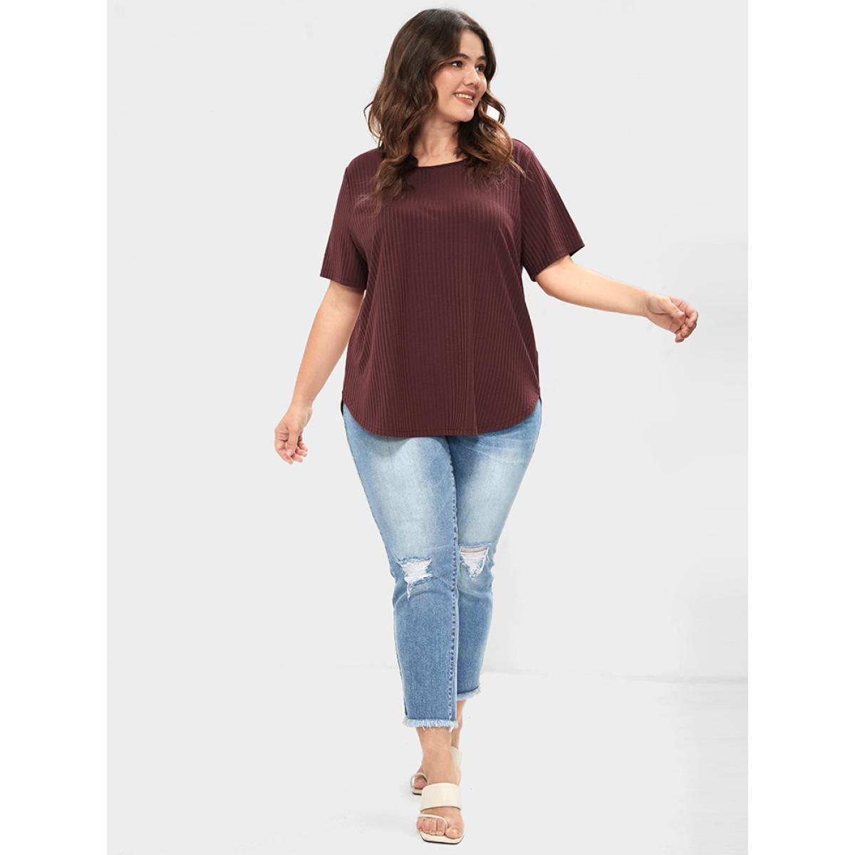 Plus Size Plain Button Back Rib Knit Tee Burgundy Women Elegant Button Plain Round Neck Dailywear T-shirts BloomChic 10/M Product Image