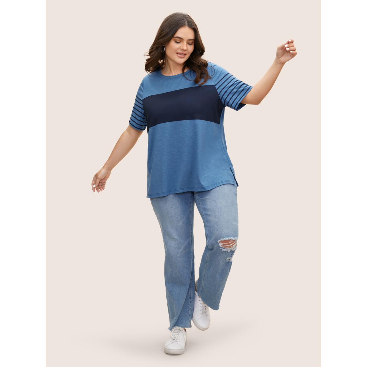 Plus Size Crew Neck Striped Patchwork Contrast T-shirt Mediumblue Women Casual Contrast Art&design Round Neck Everyday T-shirts BloomChic 30/6X Product Image