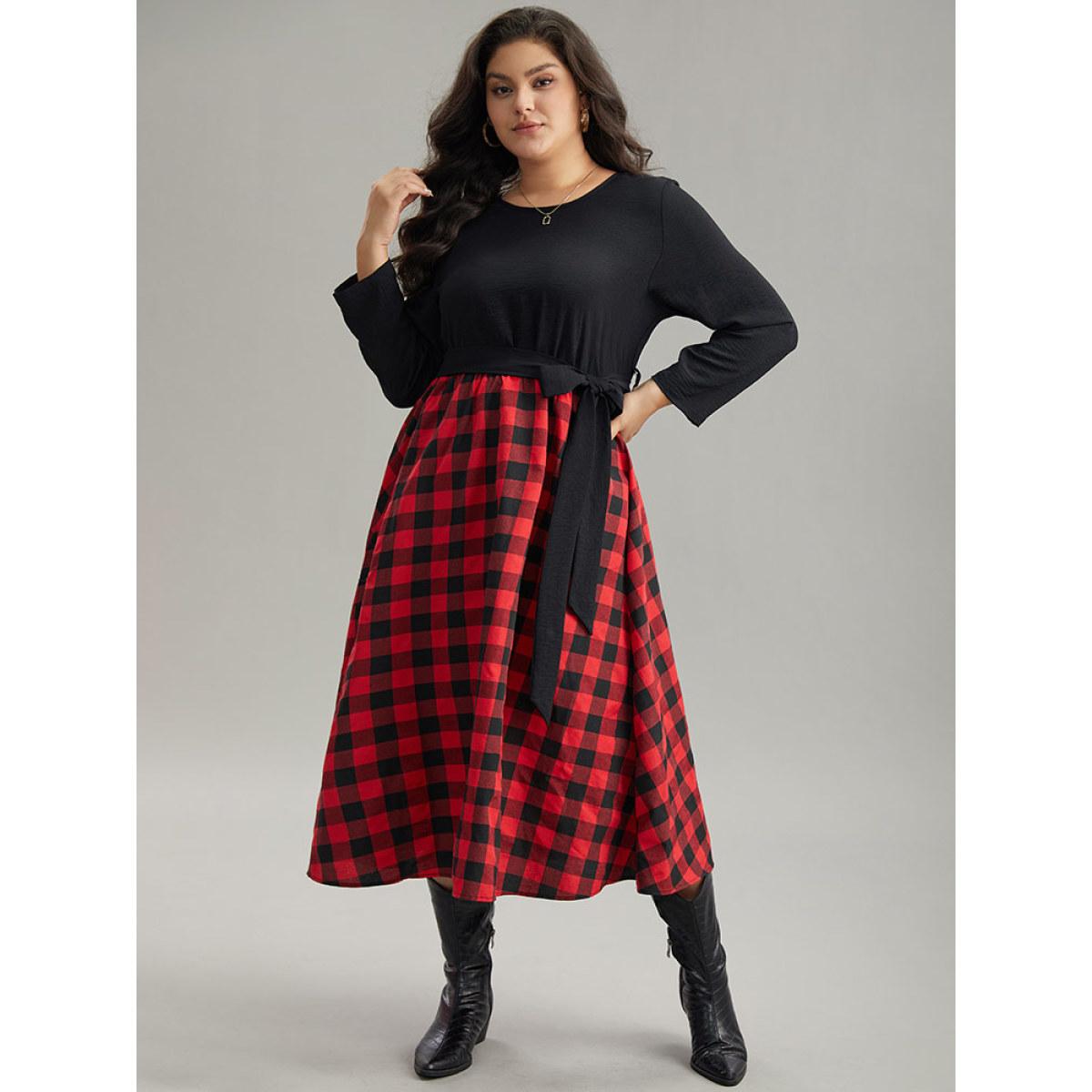 Plus Size Plaid Patchwork Contrast Round Neck Belted Dress Black Women Casual Belted Round Neck Long Sleeve Curvy Midi Dress BloomChic 28/5X Product Image